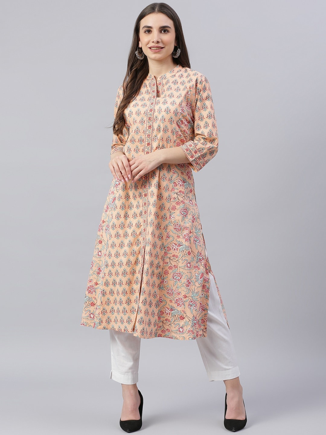 

KALINI Floral Printed Mandarin Collar Sequinned A-Line Kurta, Peach