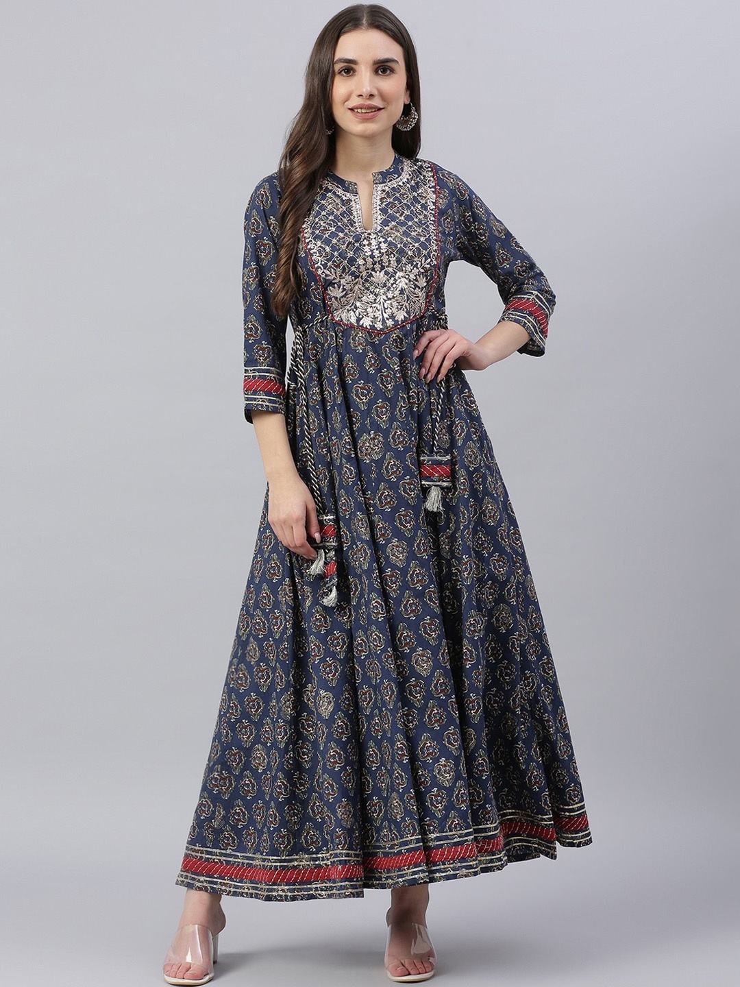 

KALINI Ethnic Motifs Printed Sequinned Detailed Cotton Maxi Ethnic Dress, Navy blue