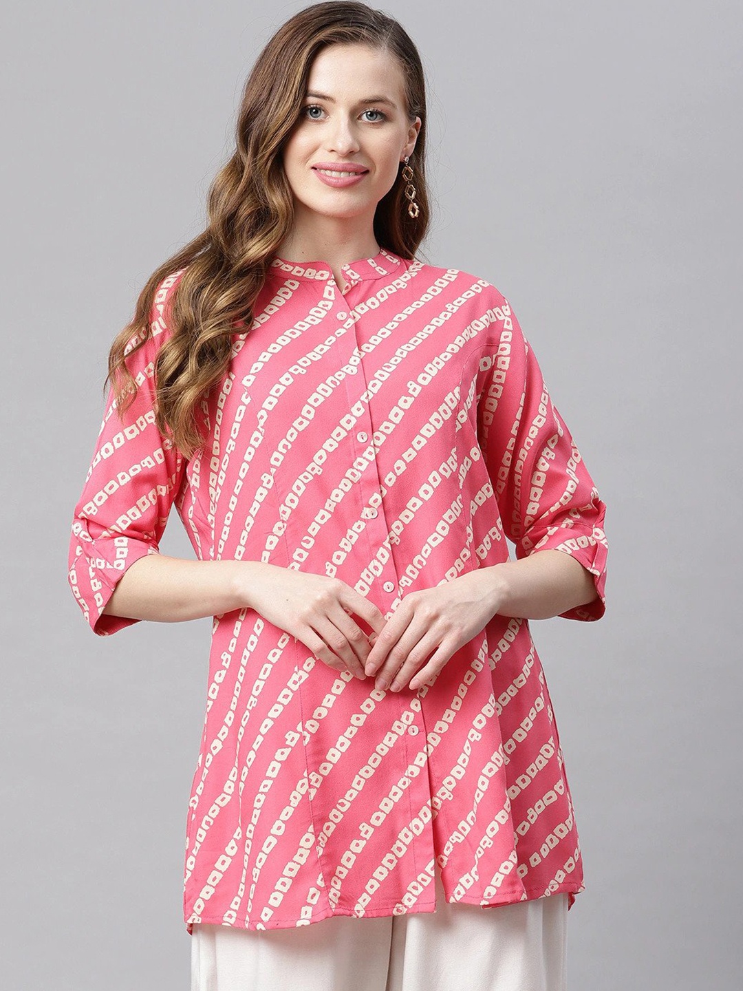 

KALINI Bandhani Printed Mandarin Collar Roll-Up Sleeves Longline Shirt Style Top, Pink