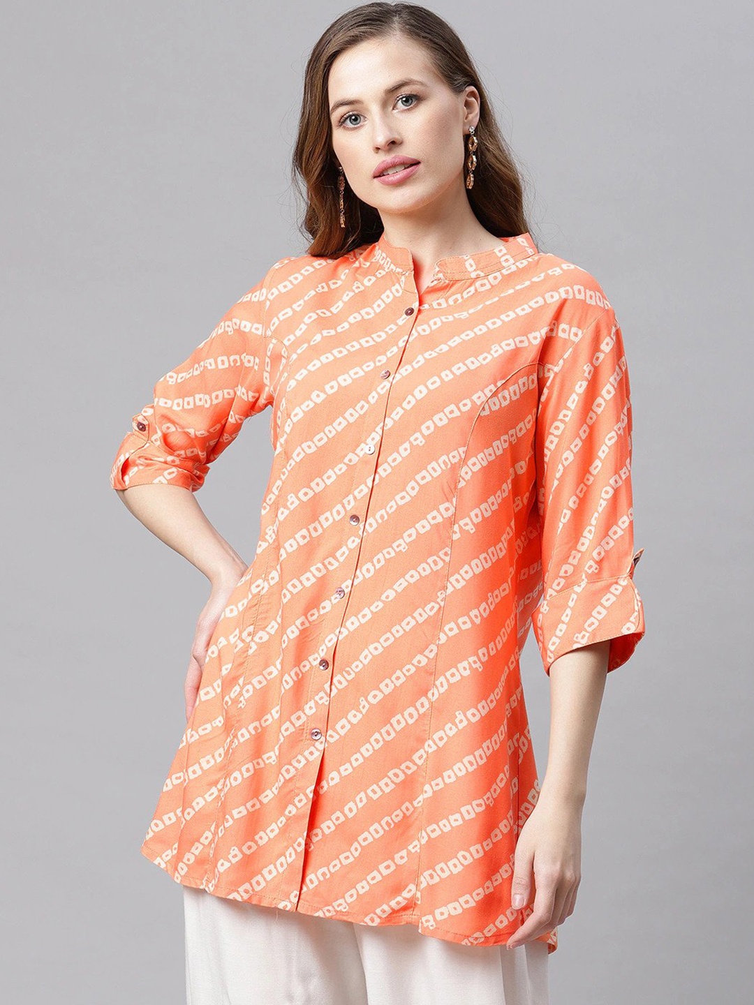 

KALINI Bandhani Printed Mandarin Collar Roll-Up Sleeves Longline Shirt Style Top, Orange