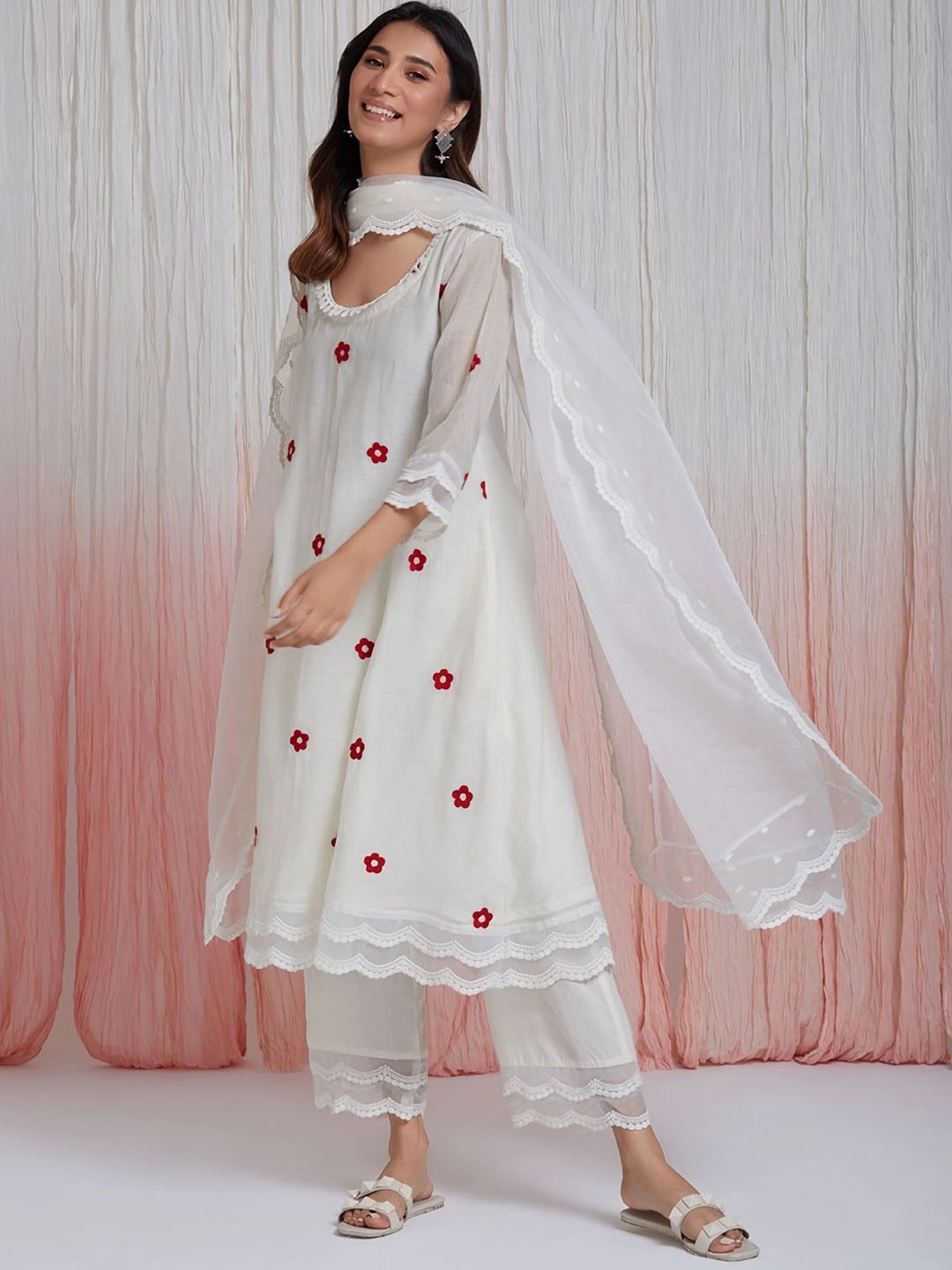 

KALINI Floral Embroidered A-Line Thread Work Kurta With Palazzos & Dupatta, White