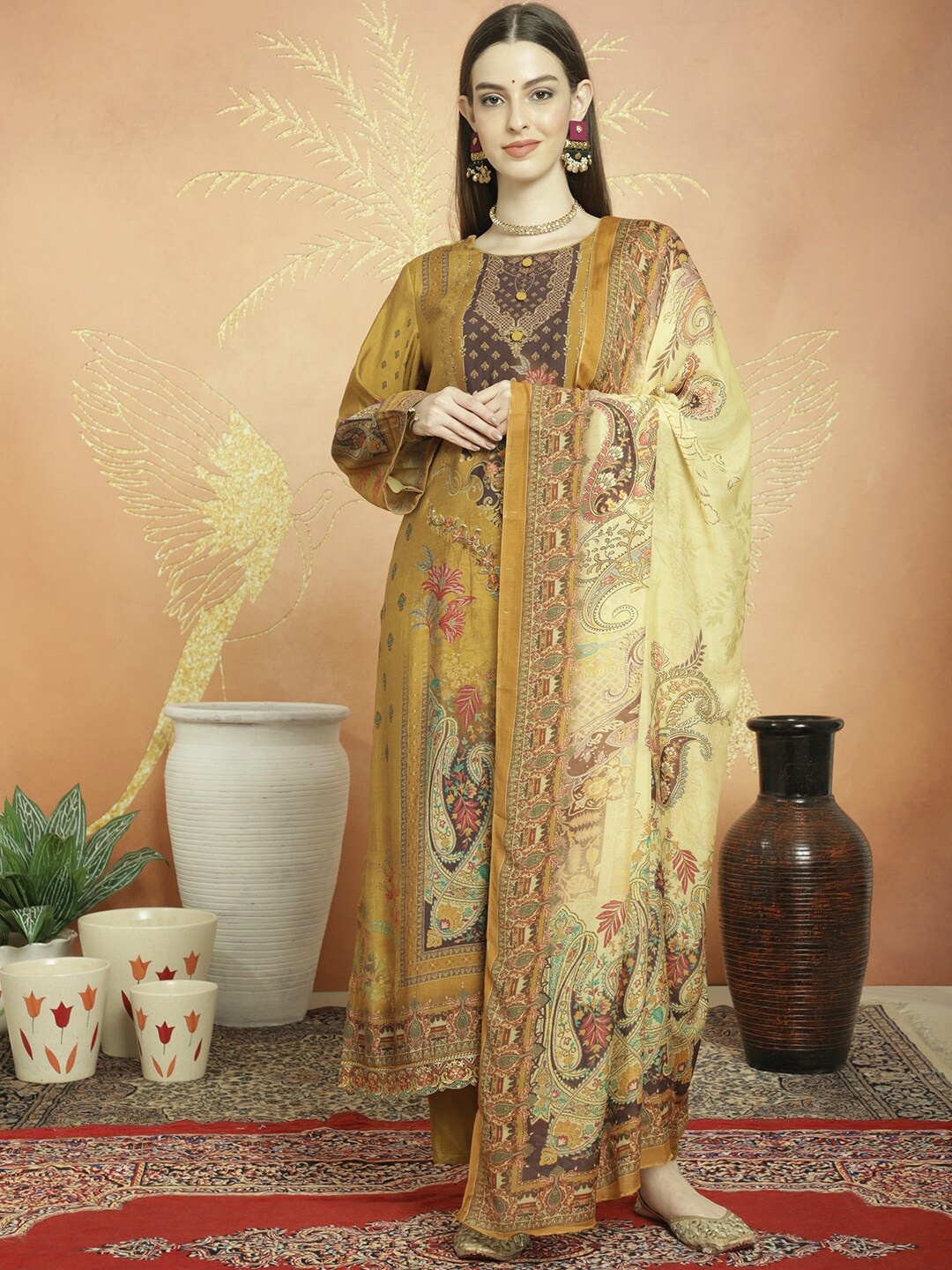 

Stylee LIFESTYLE Floral Printed Pure Silk Unstitched Dress Material, Mustard