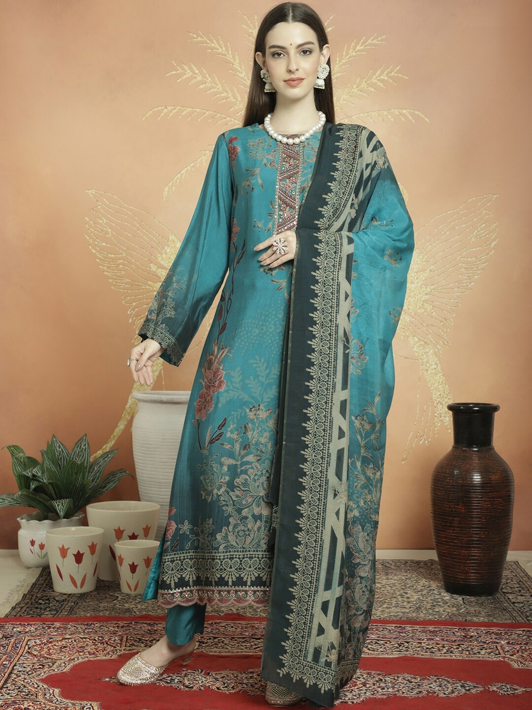 

Stylee LIFESTYLE Printed Pure Silk Unstitched Dress Material, Teal