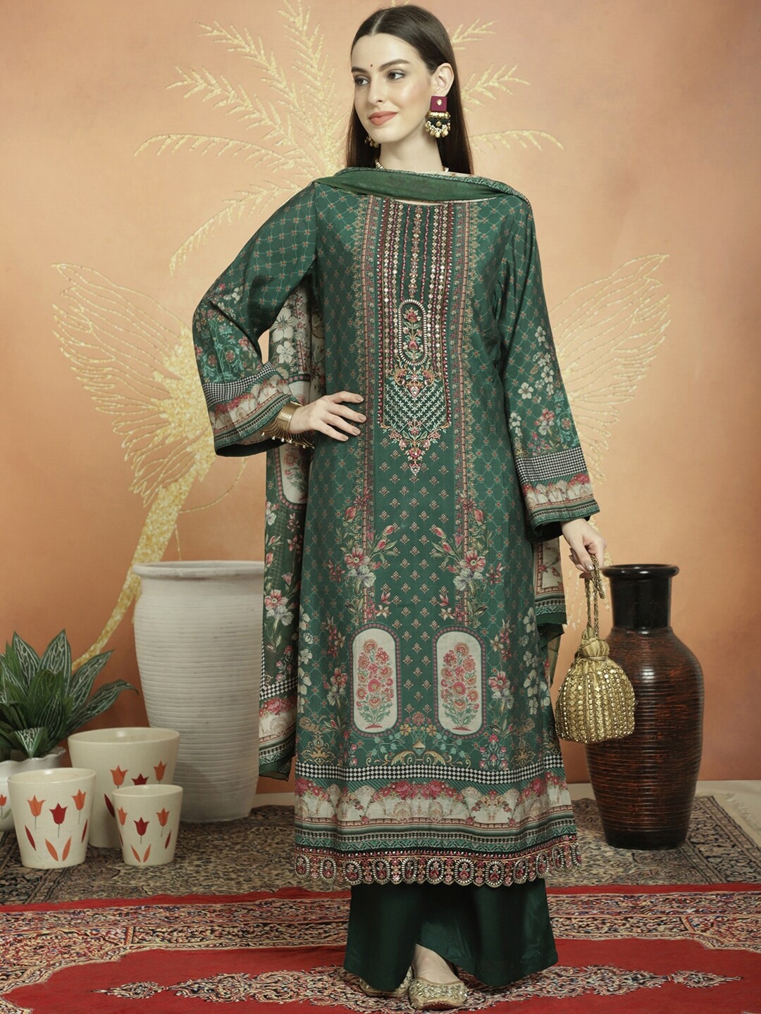 

Stylee LIFESTYLE Printed Pure Silk Unstitched Dress Material, Green