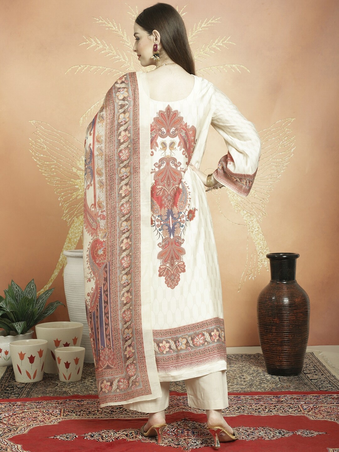 

Stylee LIFESTYLE Printed Pure Silk Unstitched Dress Material, Beige