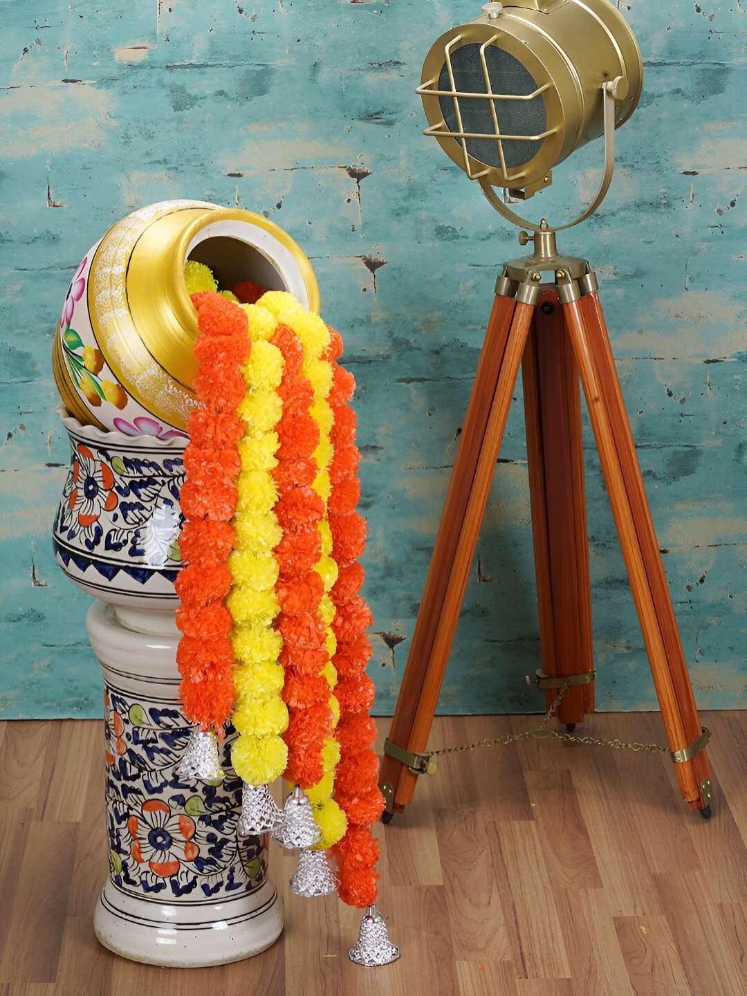 

Dekorly Yellow & Orange 5 Pcs Marigold Artificial Flower with Silver Toned Bells