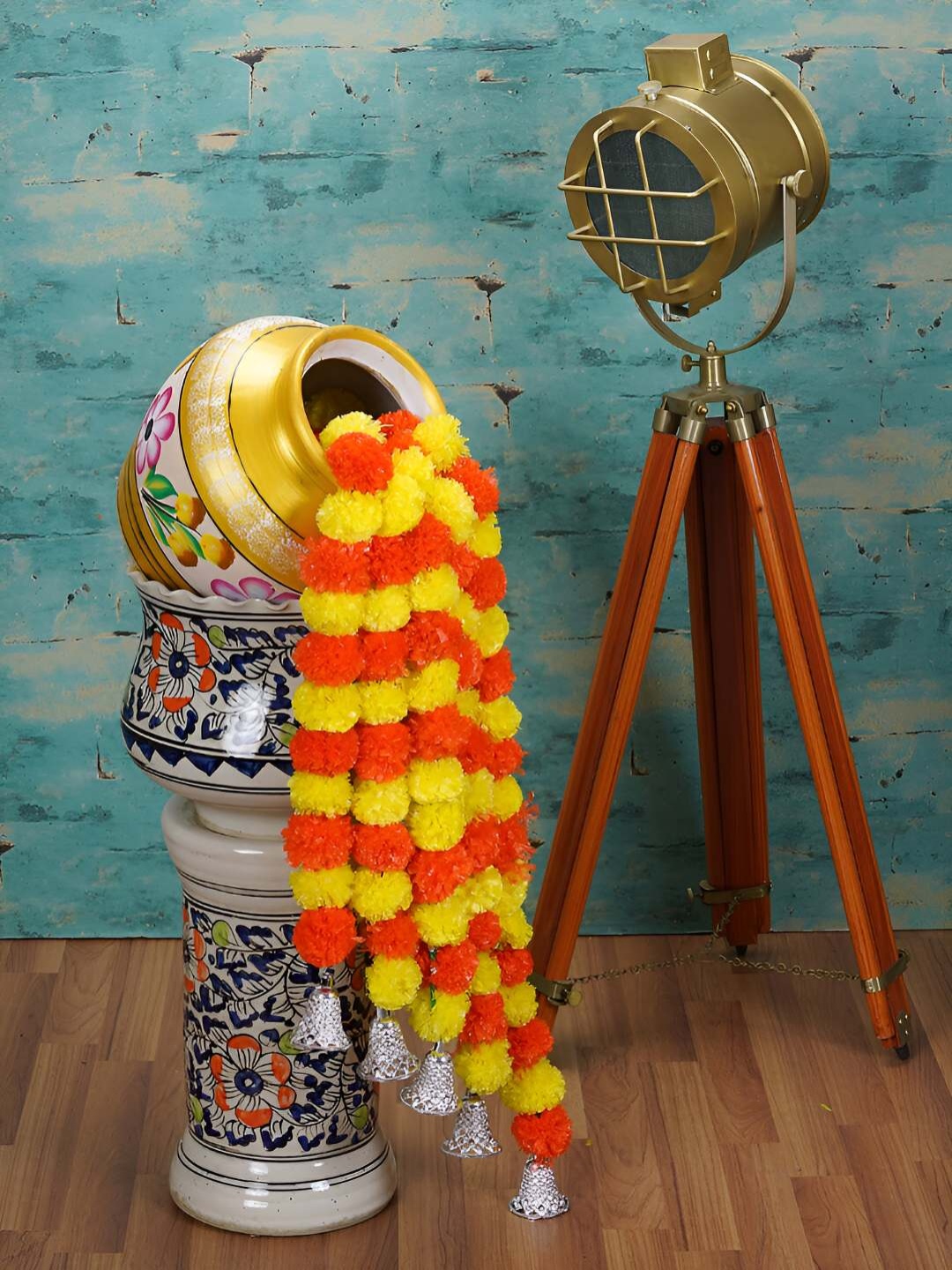 

Dekorly Yellow & Orange 5 Pcs Marigold Artificial Flower with Silver Toned Bells