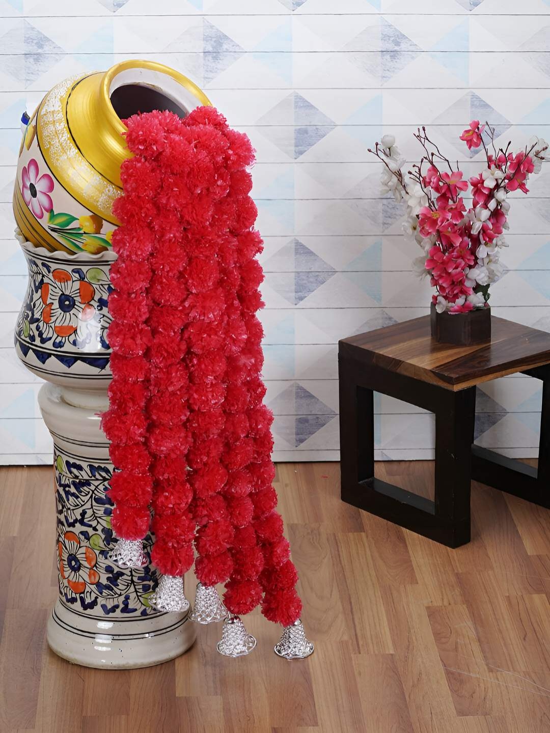 

Dekorly 5 Pieces Red & Silver Toned Marigold Garland Artificial Flowers with Bells