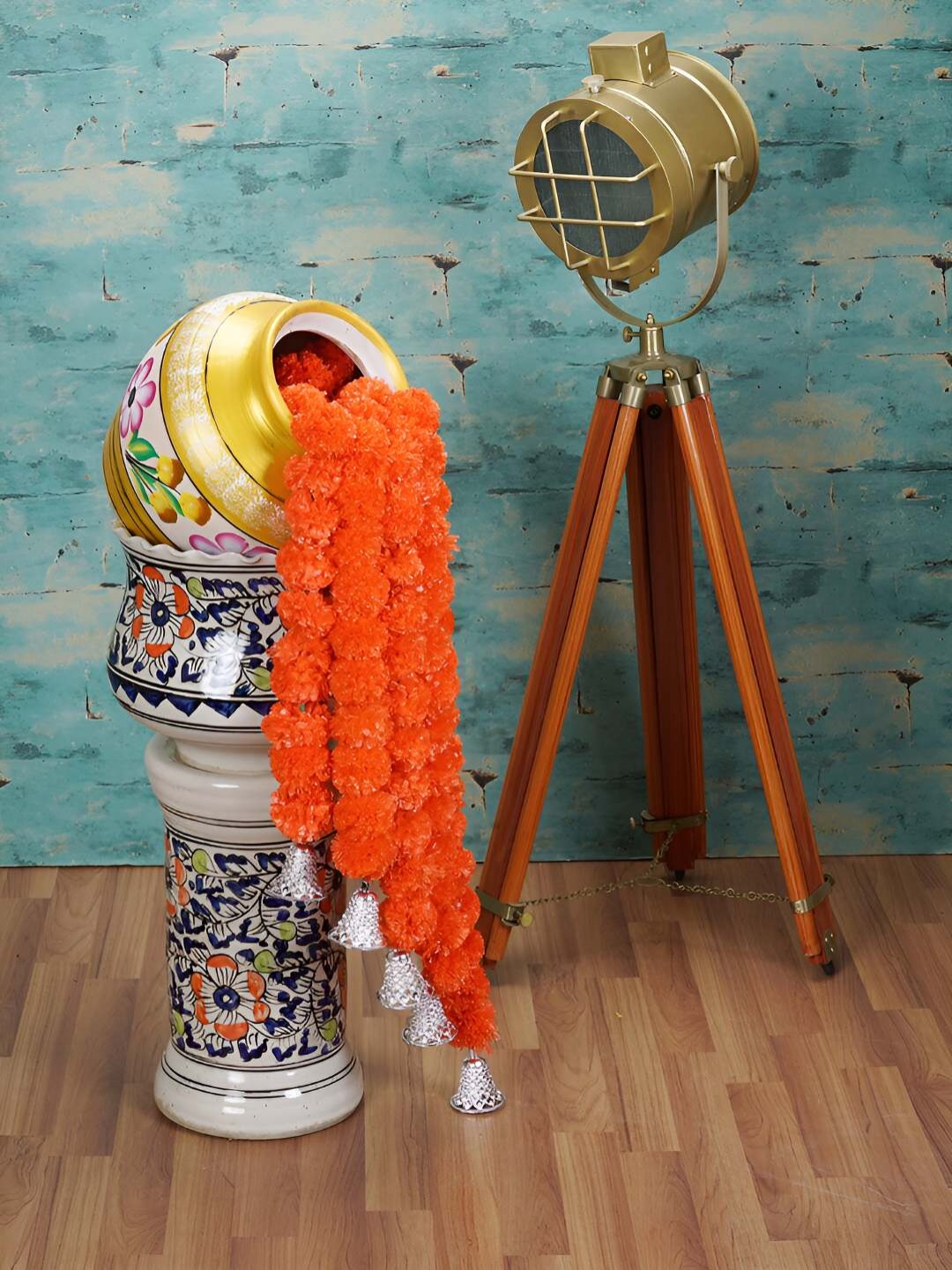 

Dekorly 5 Pieces Orange & Silver Toned Marigold Garland Artificial Flowers with Bells