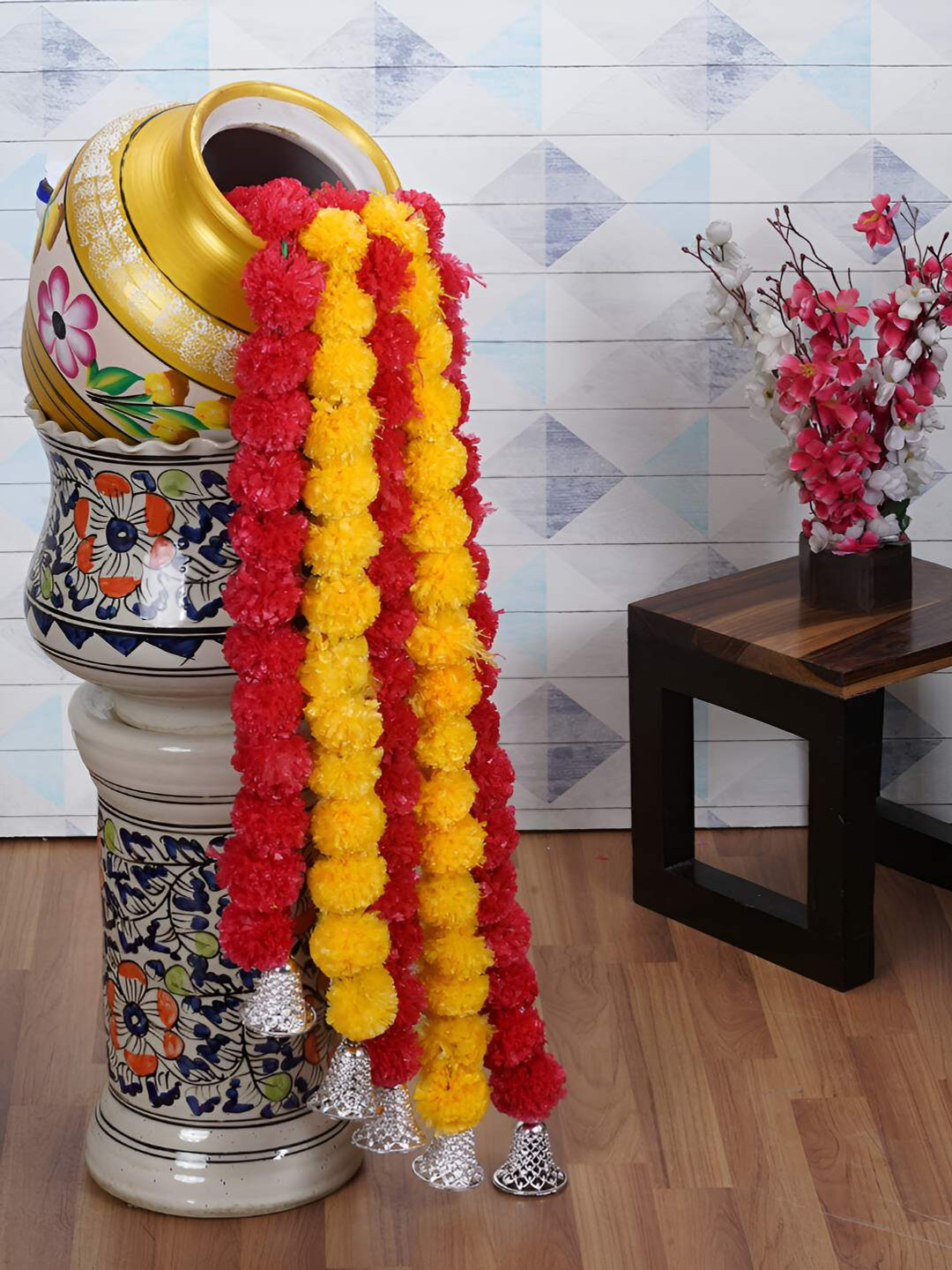

Dekorly Yellow & Red 5 Pieces Marigold Artificial Flowers Garland with Silver Bells