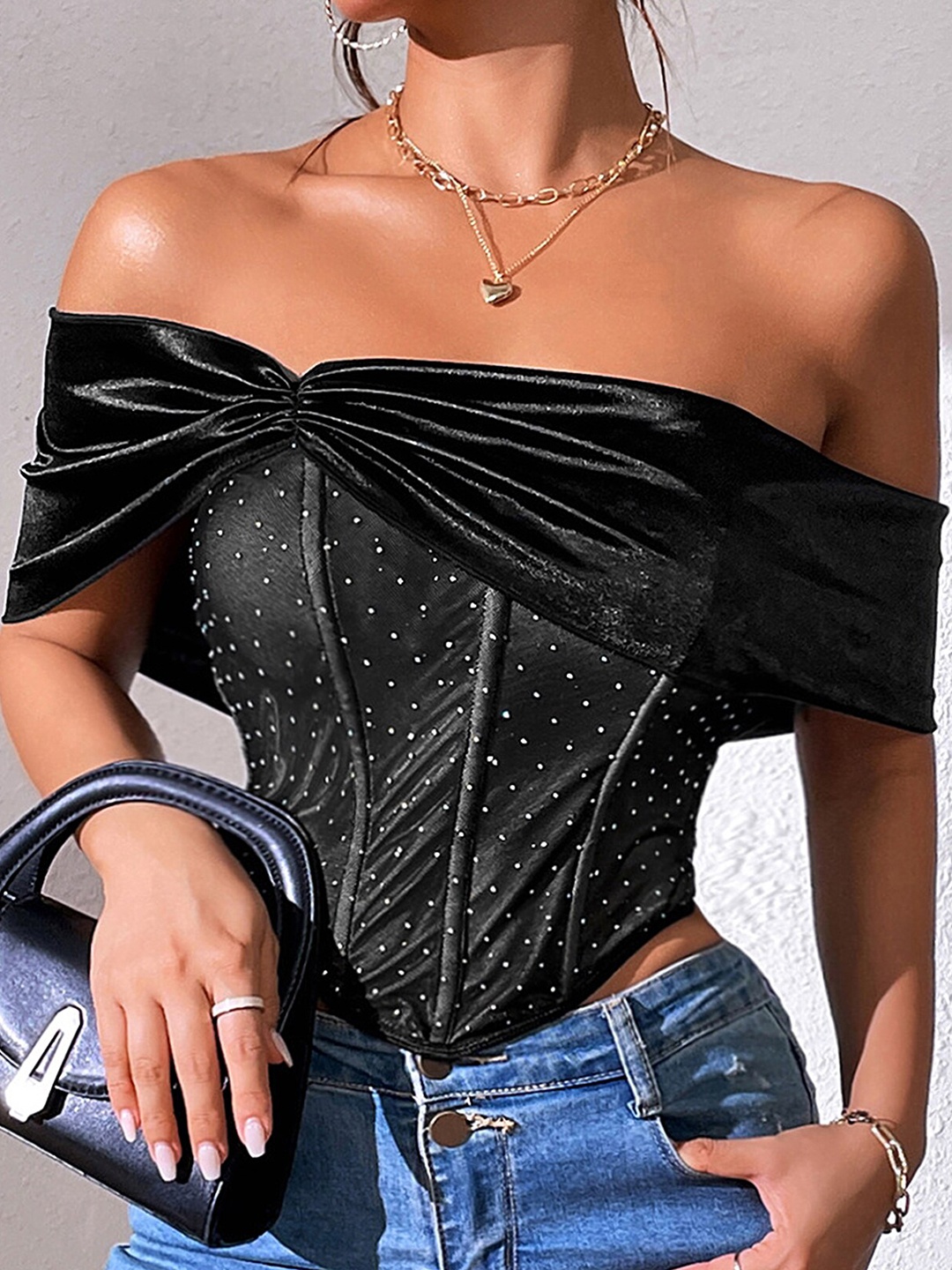 

LULU & SKY Embellished Off-Shoulder Fitted Crop Top, Black