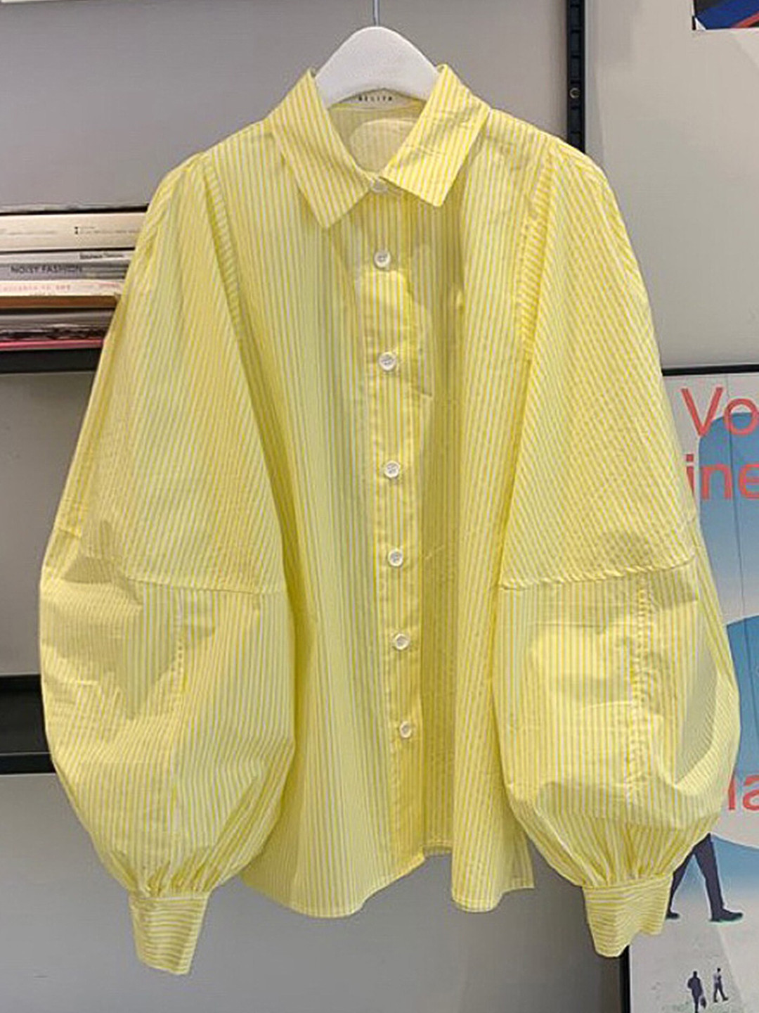 

LULU & SKY Vertical Striped Puffed Sleeves Casual Shirt, Yellow