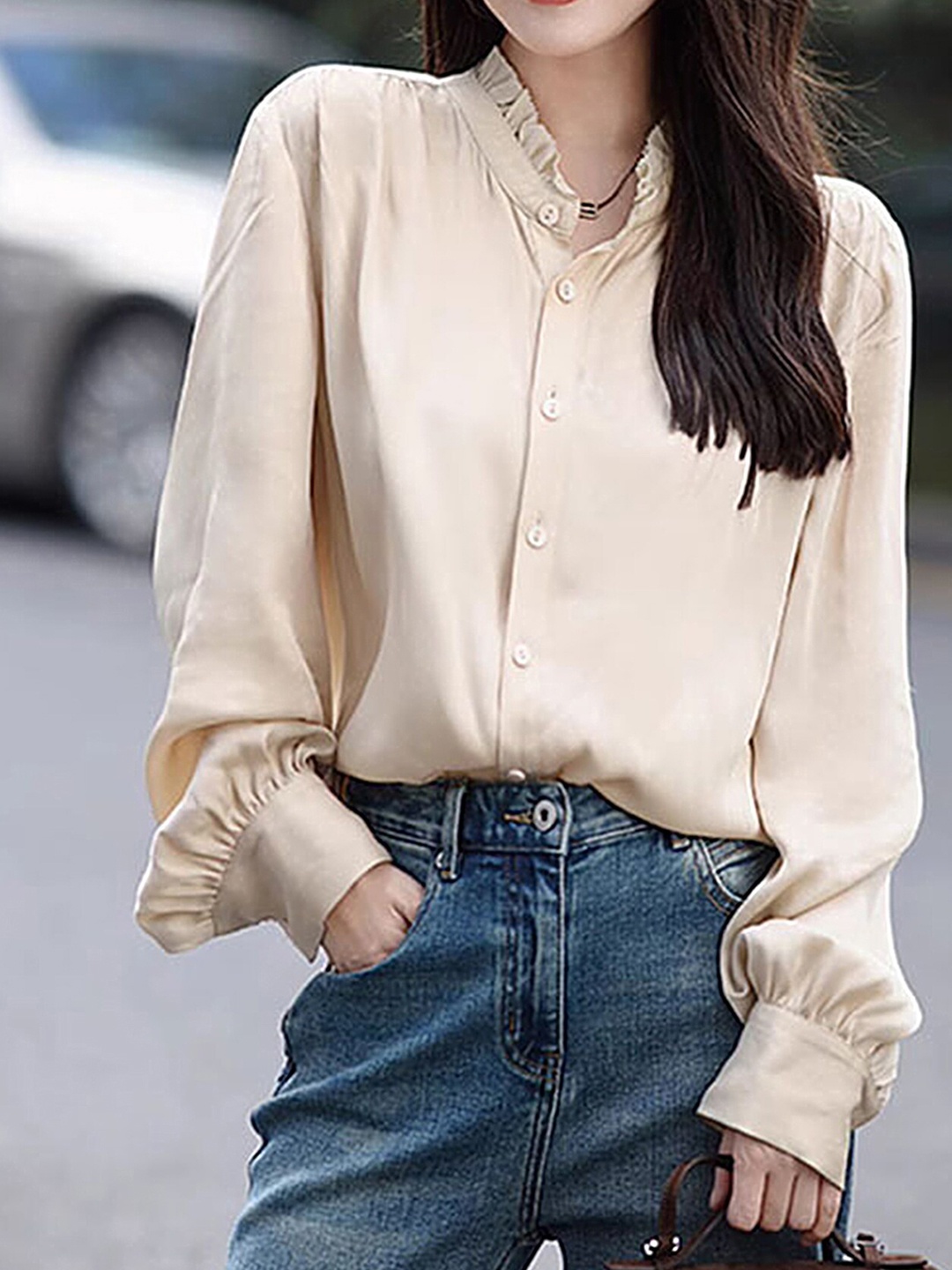 

LULU & SKY Cuffed Sleeves Ruffles Regular Fit Casual Shirt, Beige