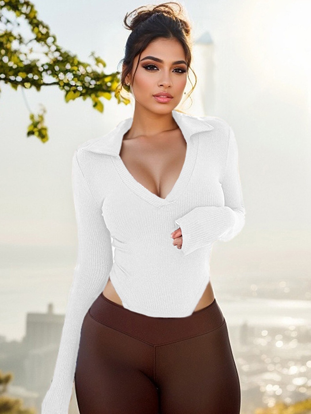 

LULU & SKY Ribbed V-Neck Long Sleeve Bodysuit, White