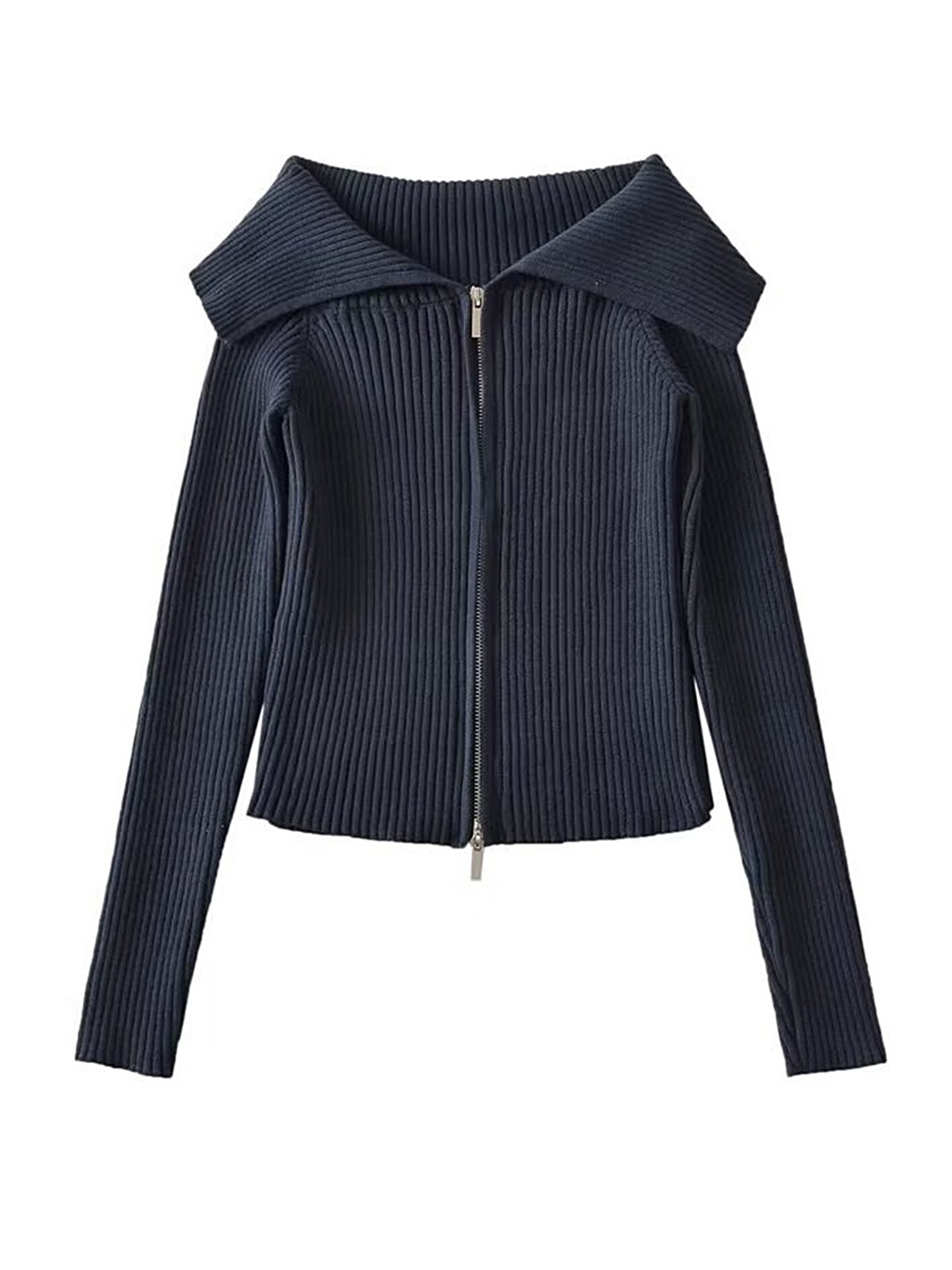 

LULU & SKY Ribbed Shirt Collar Indigo Front-Open Top, Navy blue