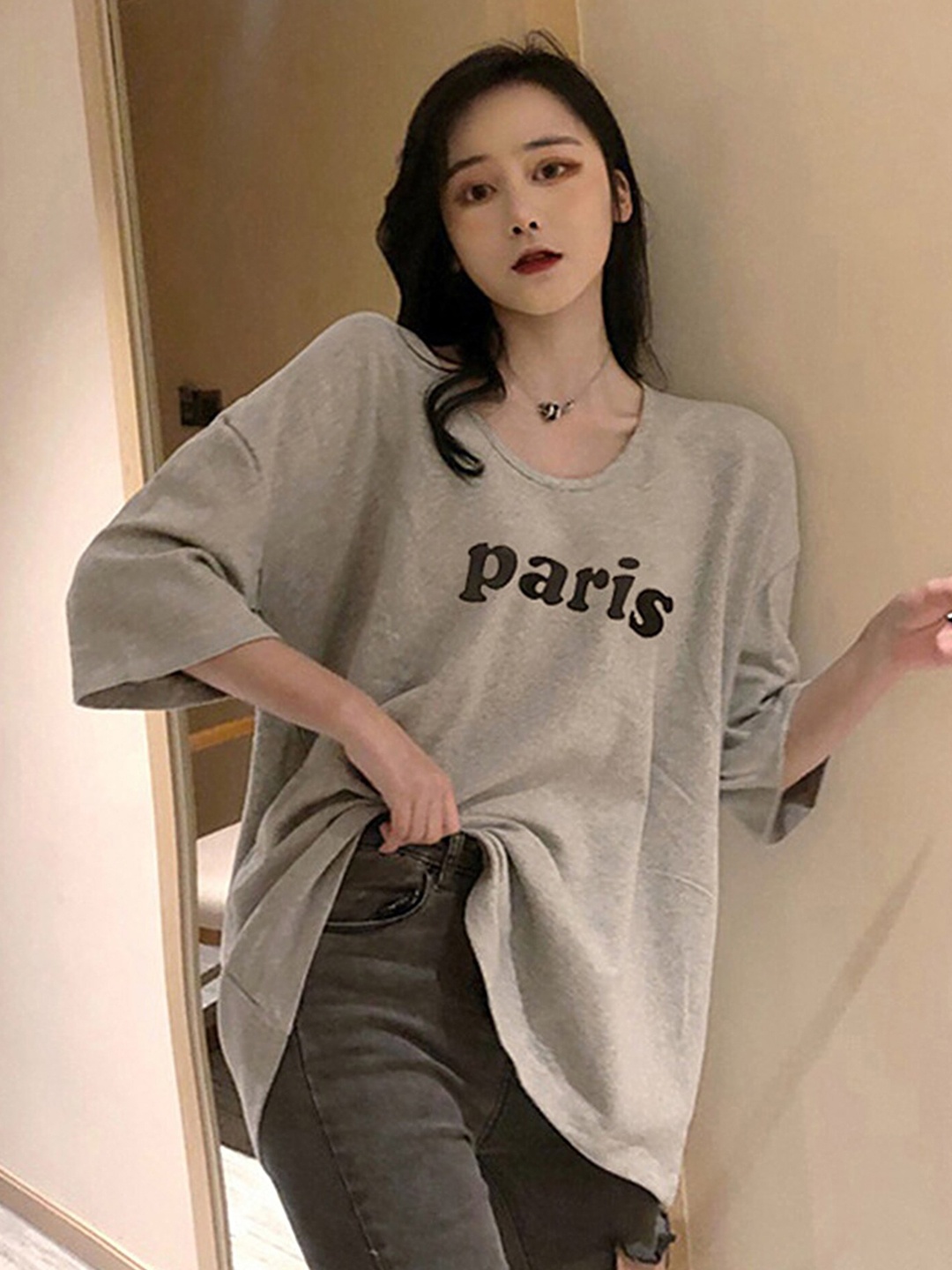

LULU & SKY Typography Printed Drop-Shoulder Sleeves Oversized T-shirt, Grey