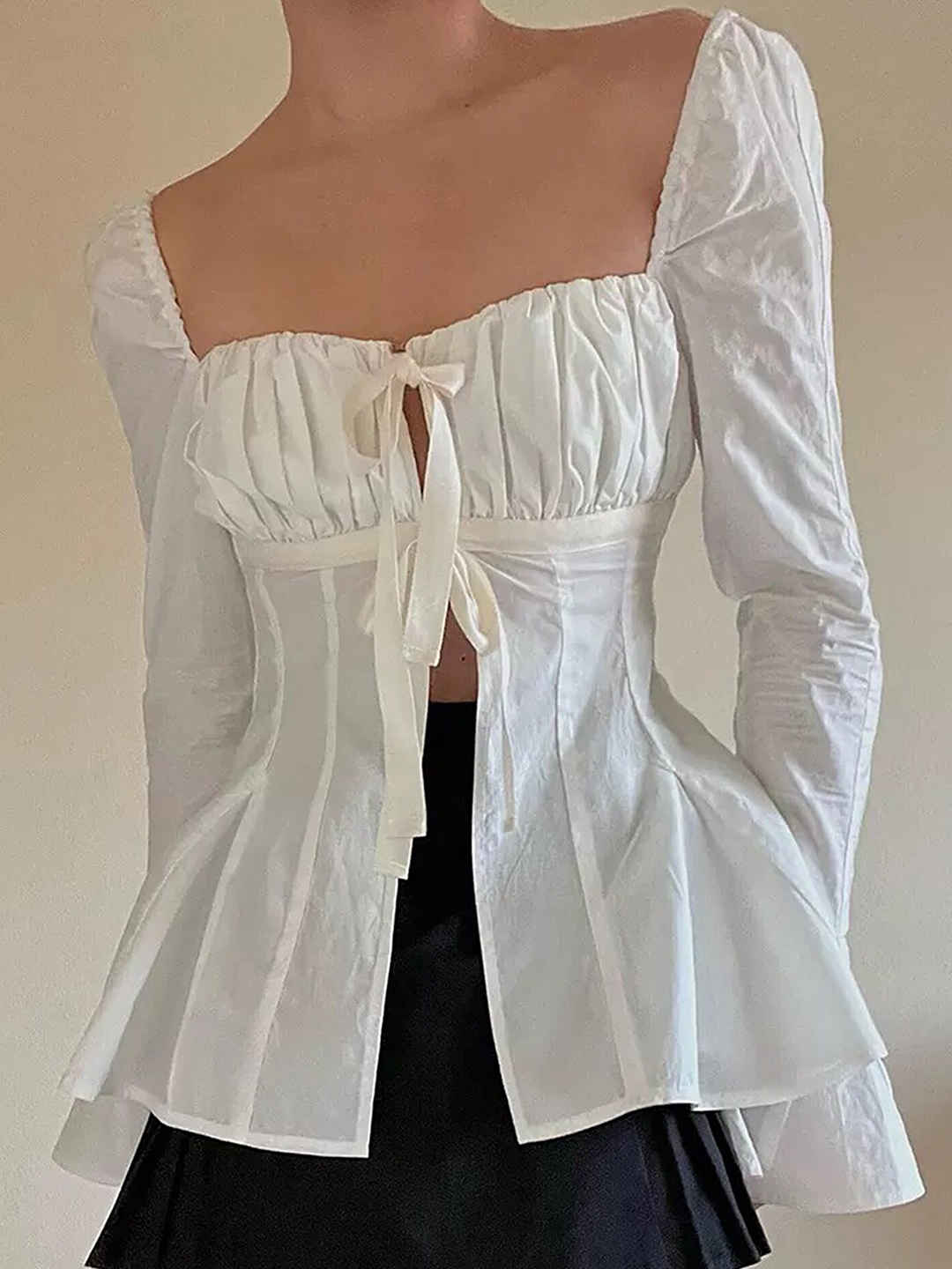 

LULU & SKY Women Sweetheart Neck Long Sleeve Tie-Up Neck Cotton Bardot Top, White