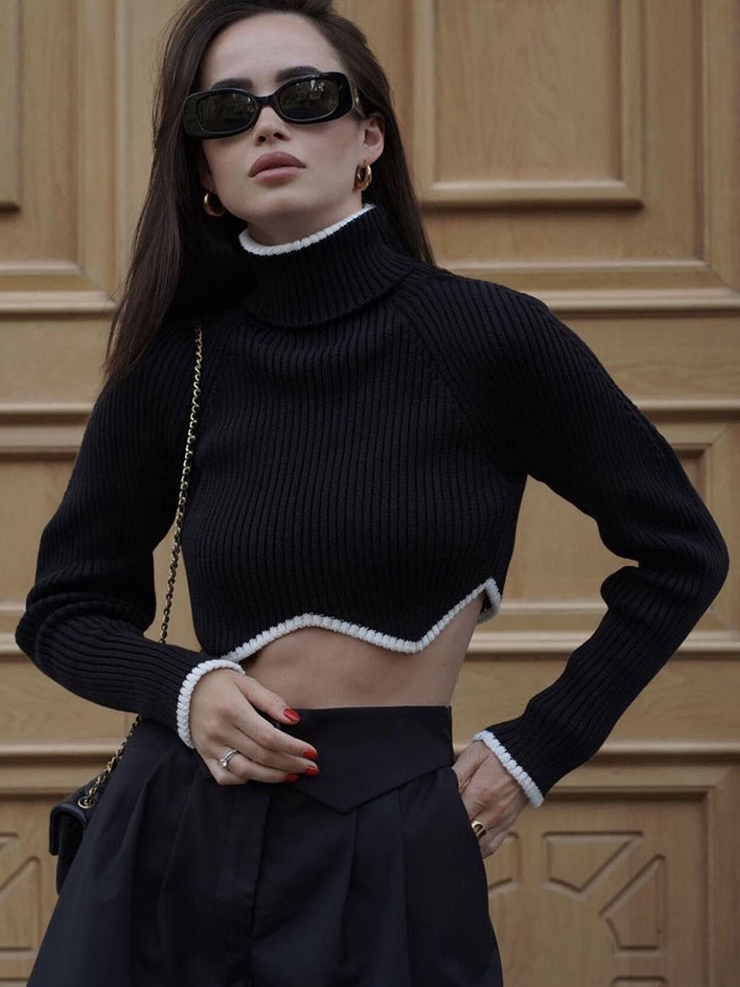 

LULU & SKY Ribbed Turtle Neck Asymmetric Hem Fitted Crop Top, Black