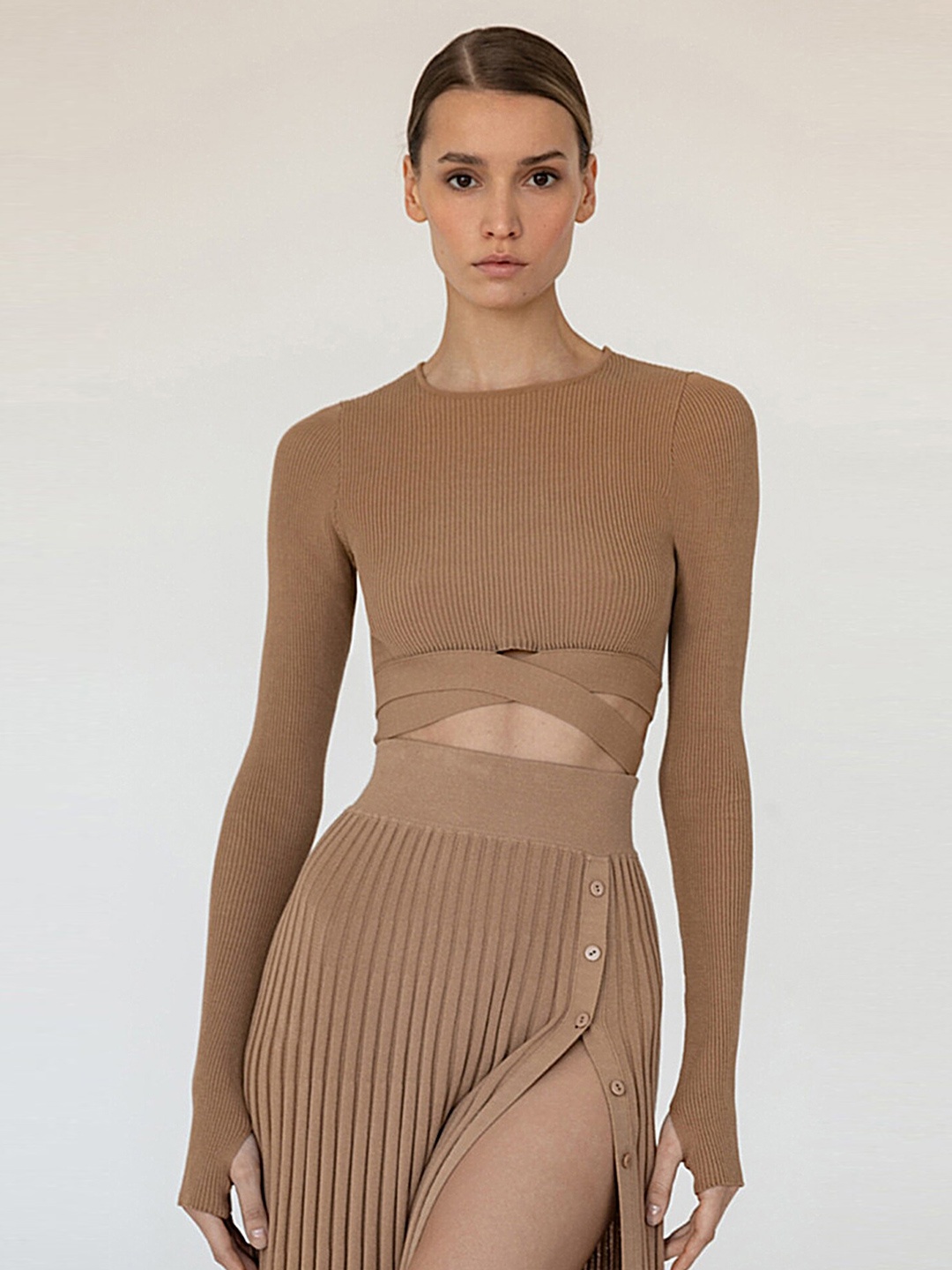 

LULU & SKY Criss -Cross Styled Back Fitted Crop Top With Cut- Out Detail, Camel brown