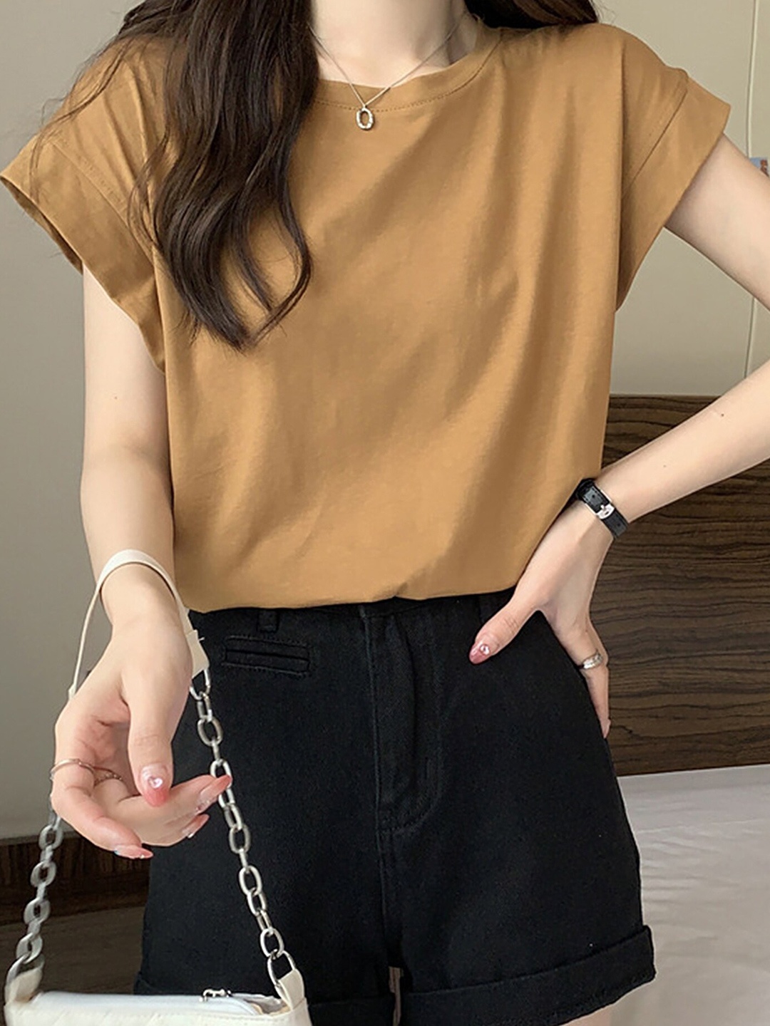 

LULU & SKY Round Neck Cap Sleeves Oversized Regular T-shirt, Khaki
