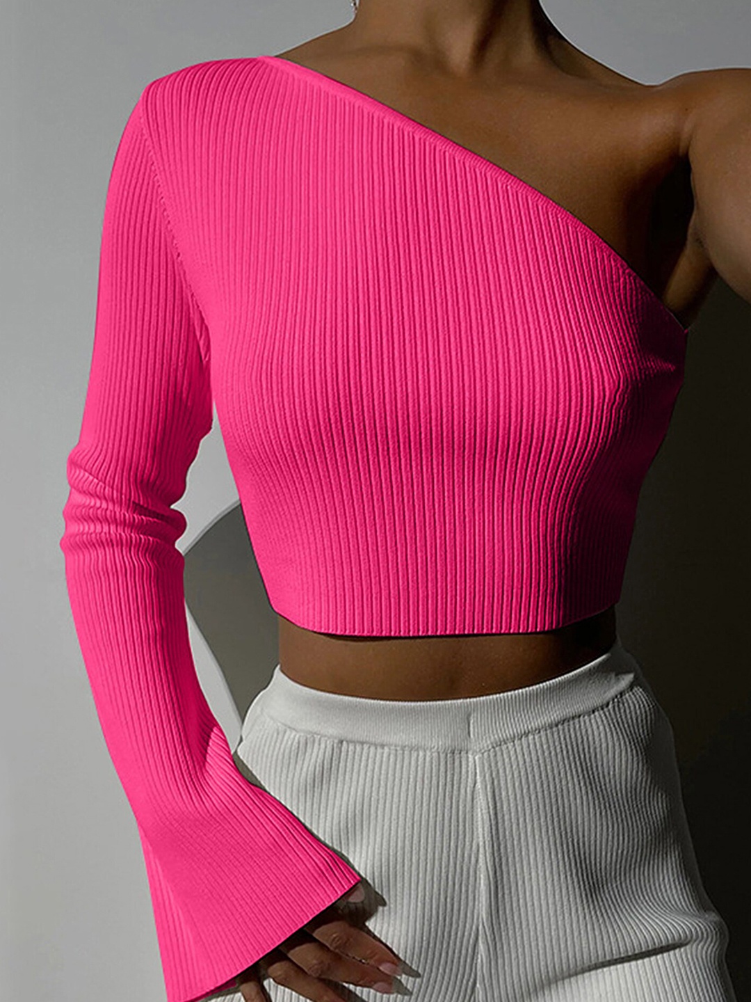 

LULU & SKY Ribbed One Shoulder Bell Sleeve Fitted Crop Top, Pink