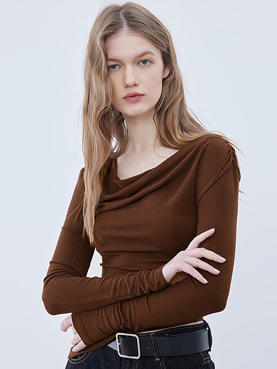 

LULU & SKY Cowl Neck Gathered Detailed Fitted Top, Brown