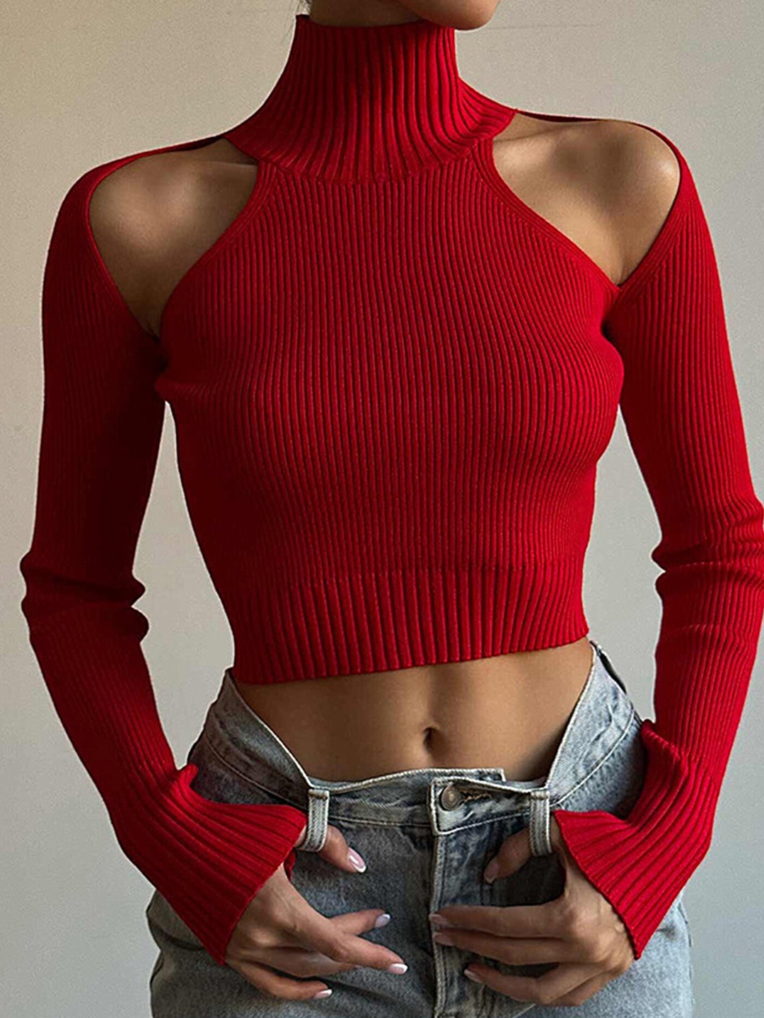 

LULU & SKY Ribbed High Neck Cold-Shoulder Sleeves Fitted Crop Top, Red