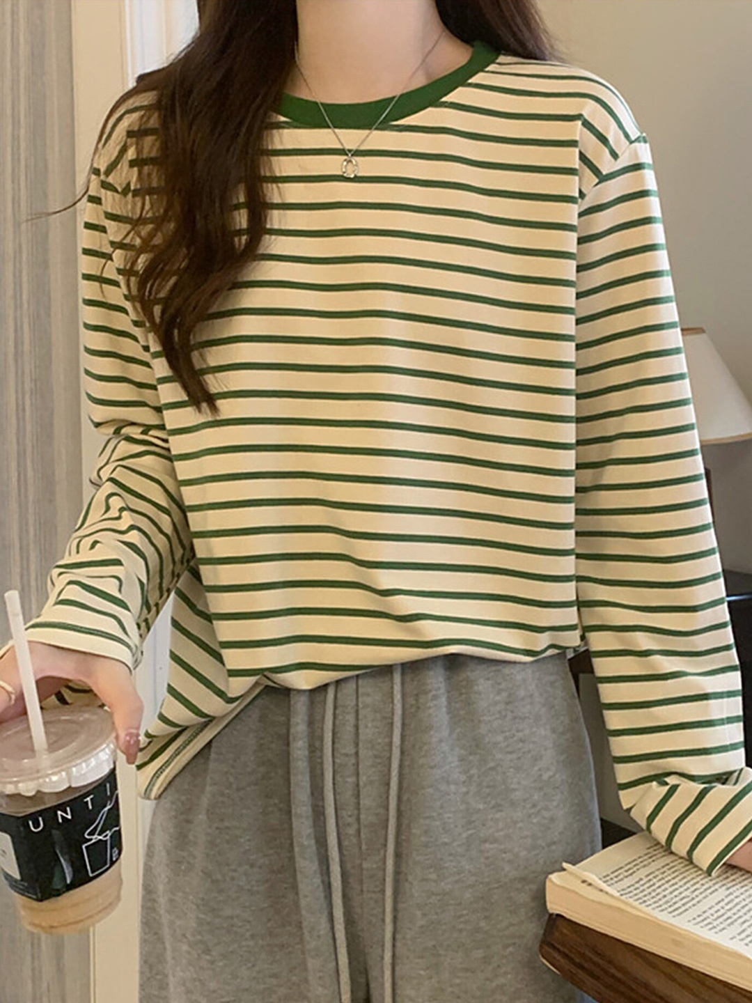 

LULU & SKY Striped Round Neck Relaxed Fit T-shirt, Green