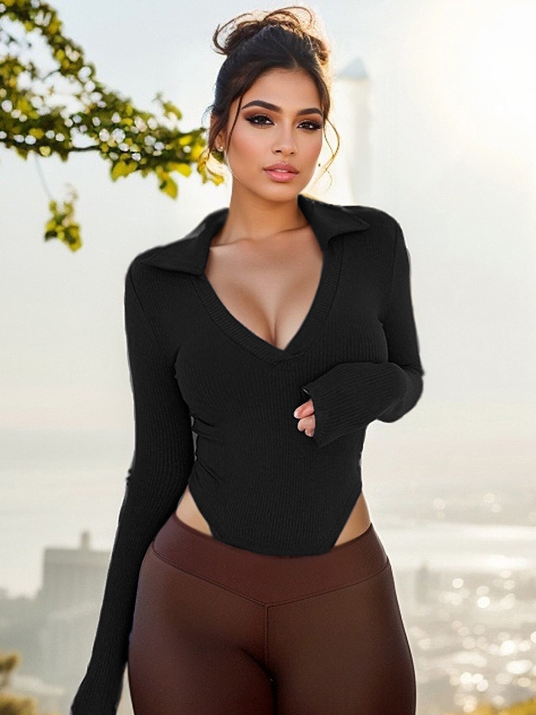 

LULU & SKY V-Neck Ribbed Bodysuit, Black
