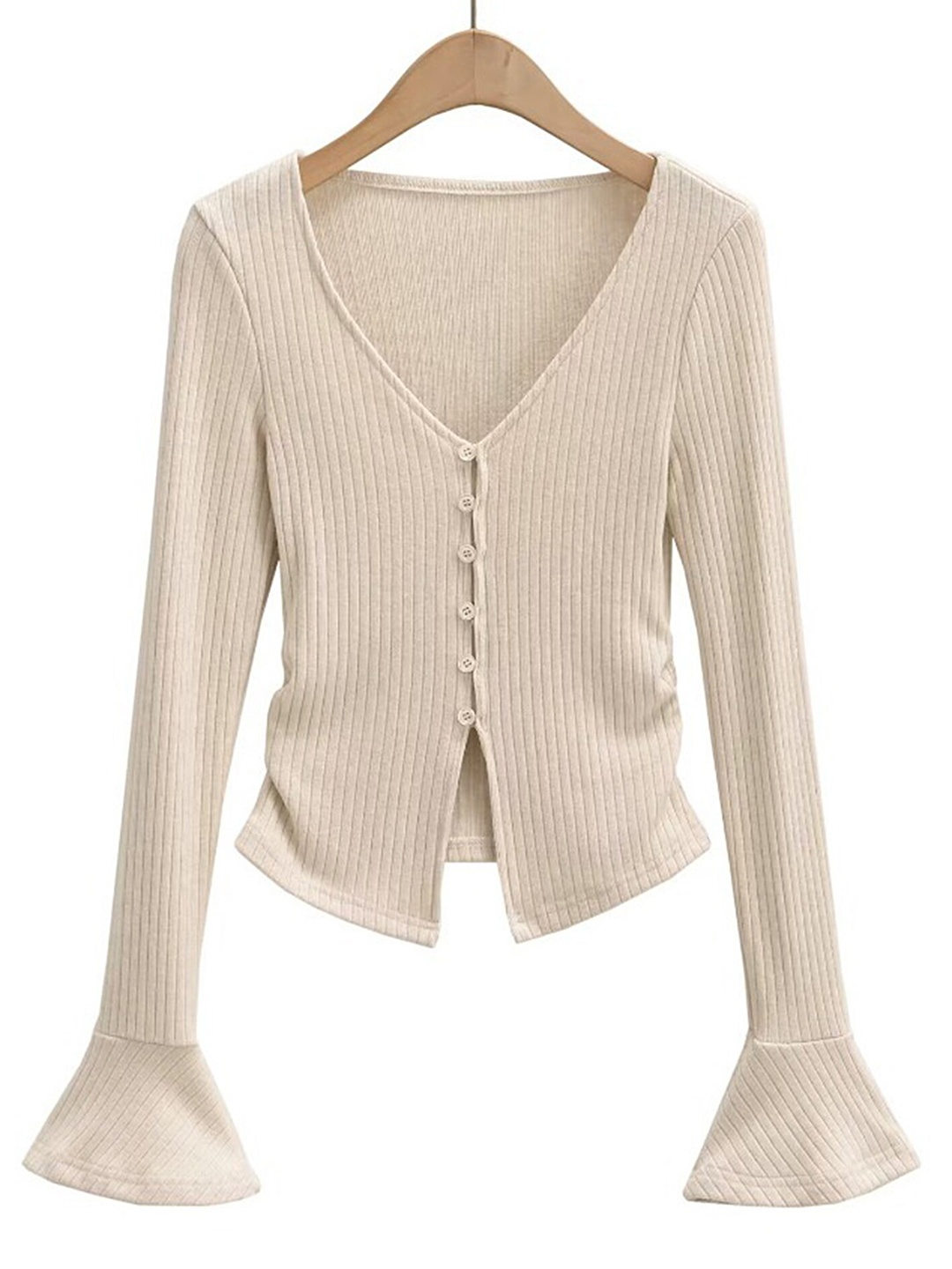 

LULU & SKY Ribbed V-Neck Bell Sleeves Front-Open Top, Beige