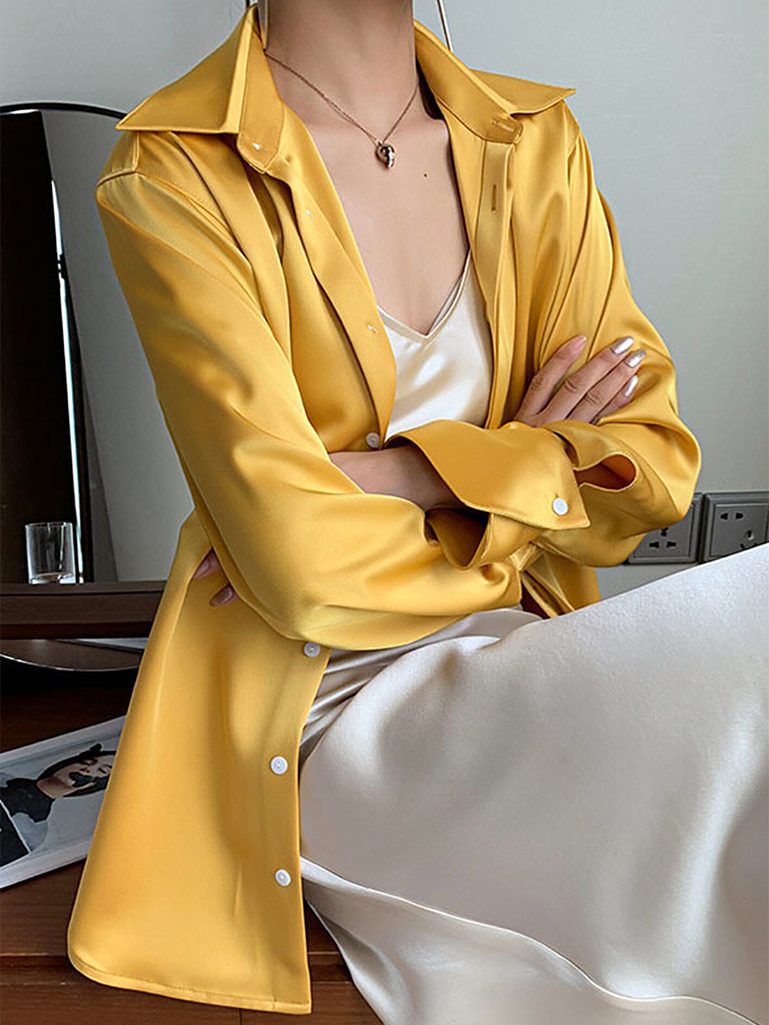 

LULU & SKY Long Sleeves Satin Casual Longline Shirt, Yellow