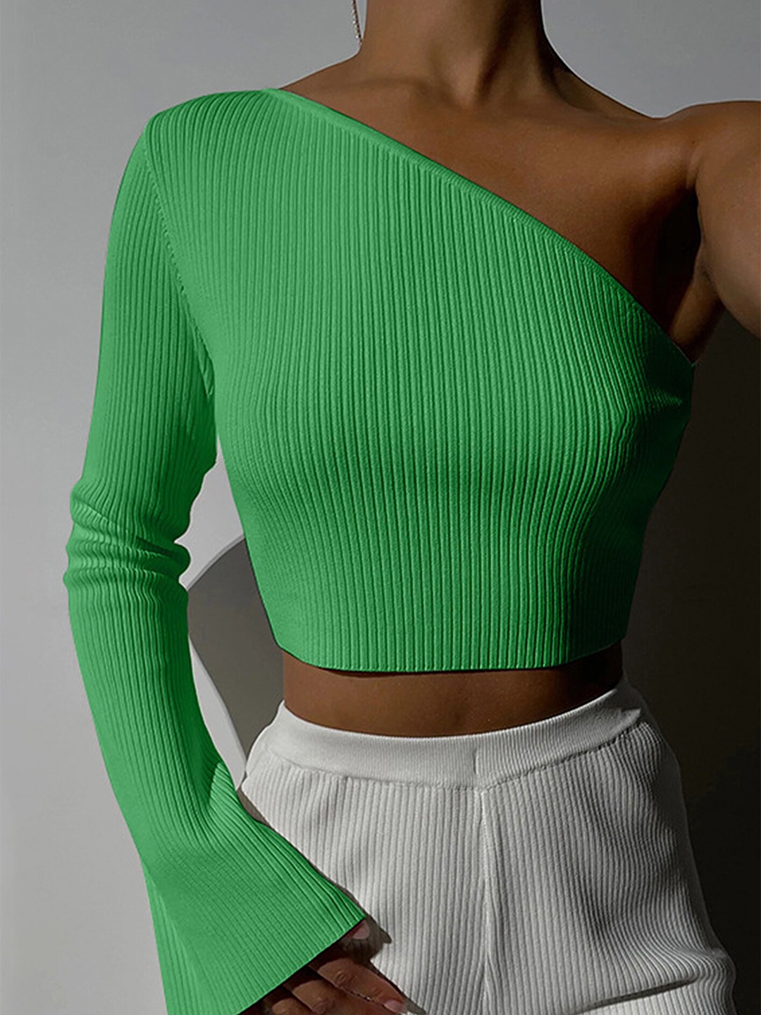

LULU & SKY Ribbed One Shoulder Fitted Crop Top, Green