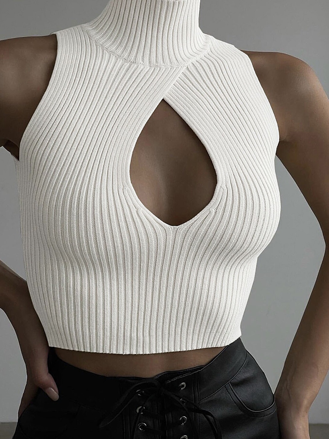 

LULU & SKY Self Design High Neck Crop Fitted Top, White