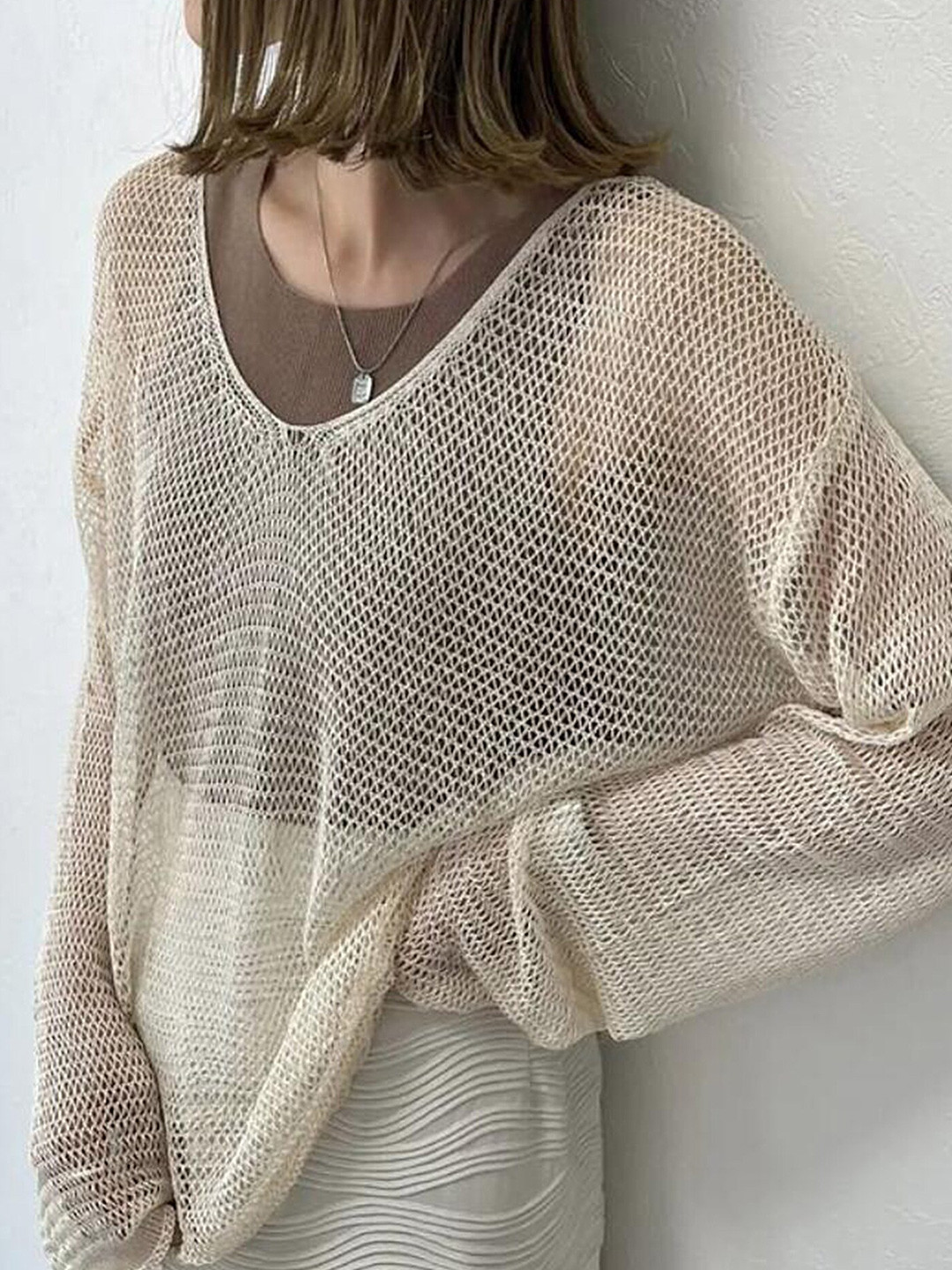 

LULU & SKY Loose Fit Semi Sheer Crochet Longline Top, Off white