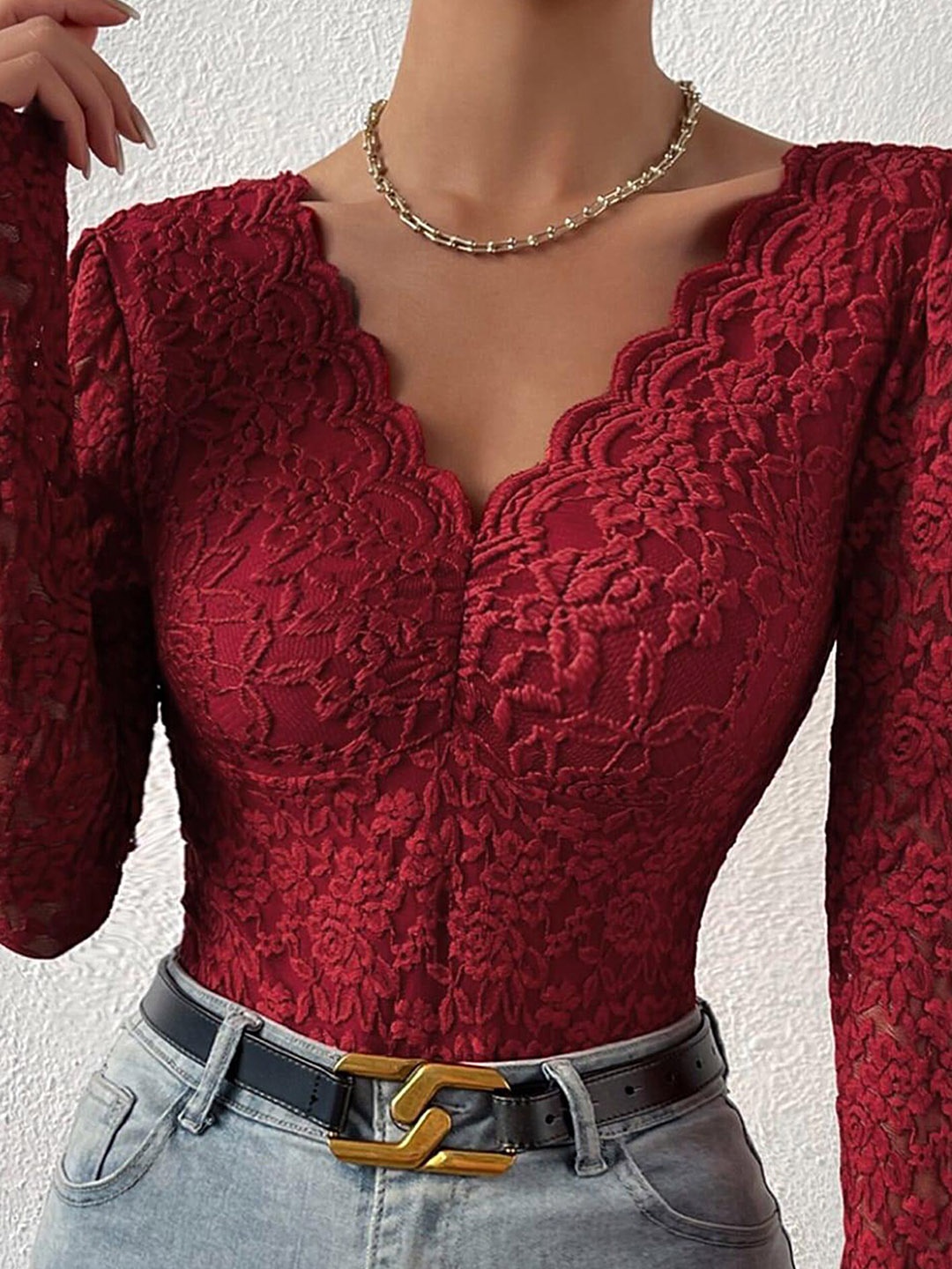 

LULU & SKY Self Design Lace Detail Bodysuit, Burgundy