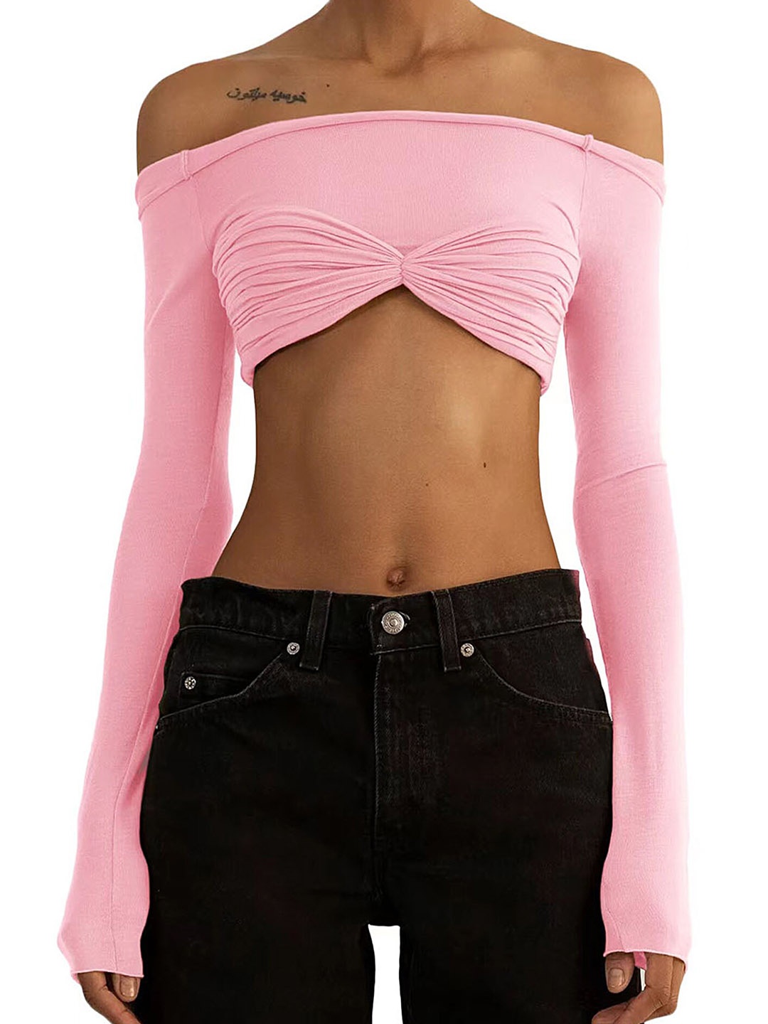 

LULU & SKY Off-Shoulder Long Sleeves Gathered Crop Top, Pink