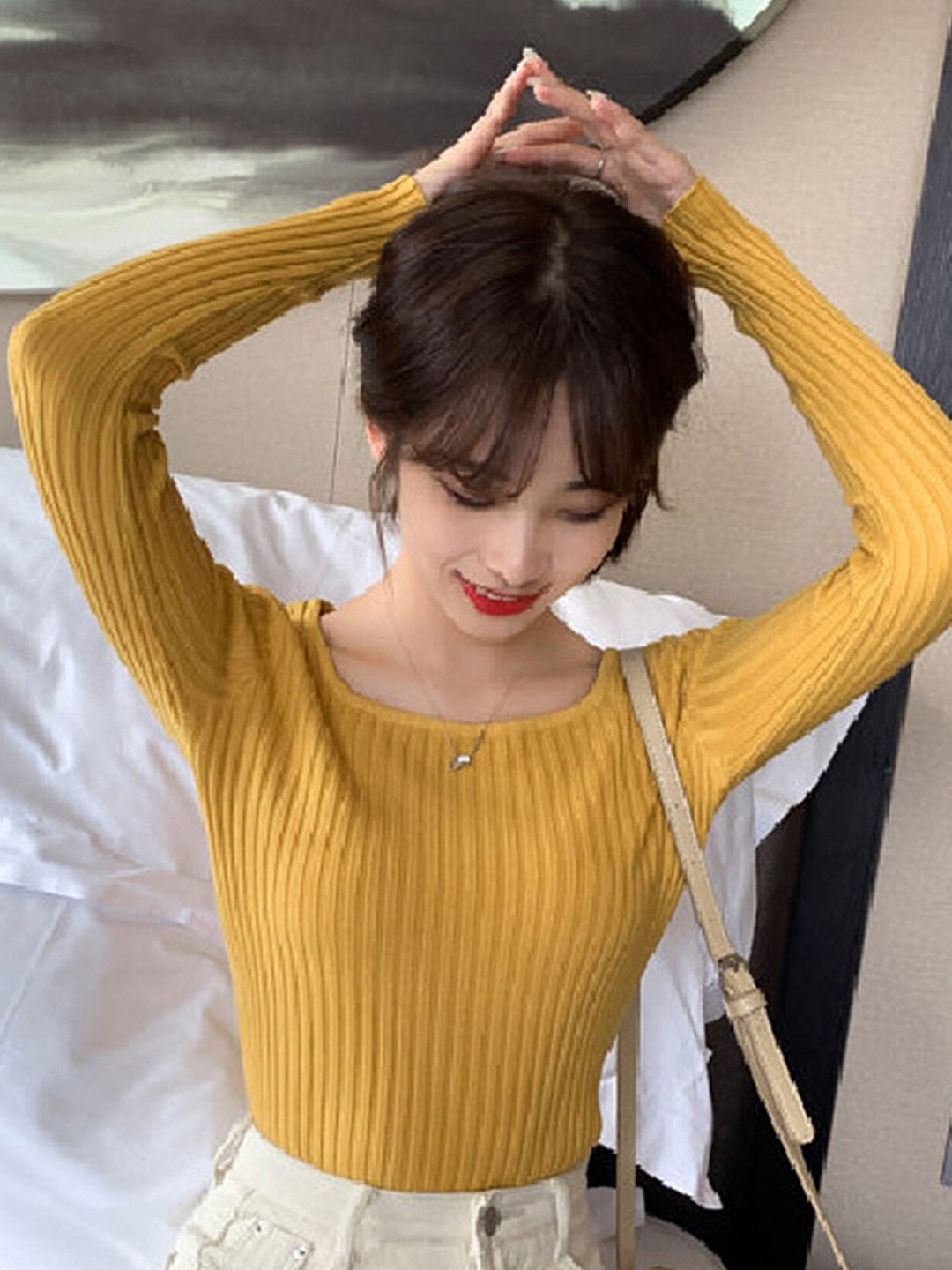 

LULU & SKY Ribbed Square Neck Fitted Top, Mustard