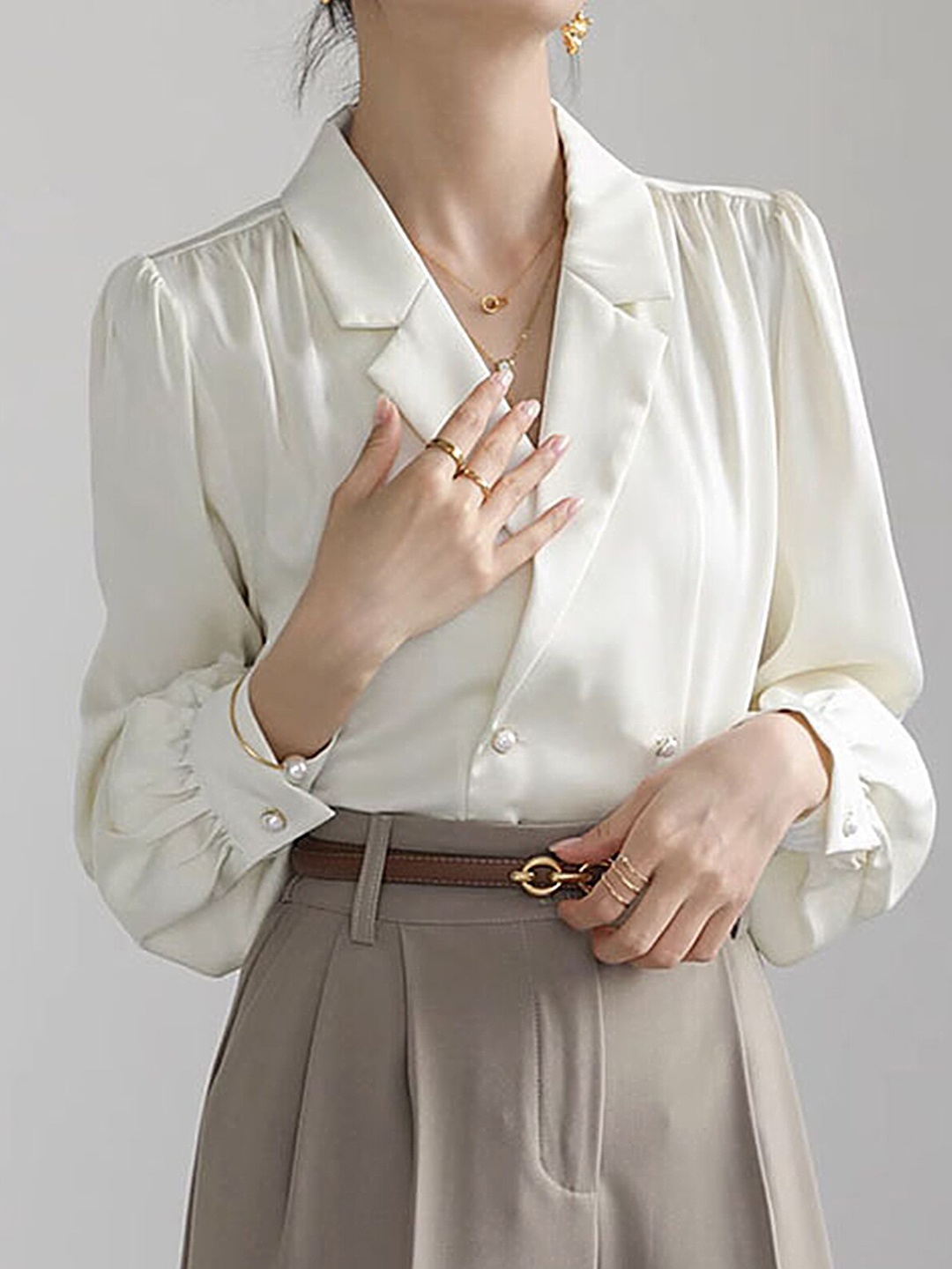 

LULU & SKY Cuffed Sleeves Shirt Style Top, Beige