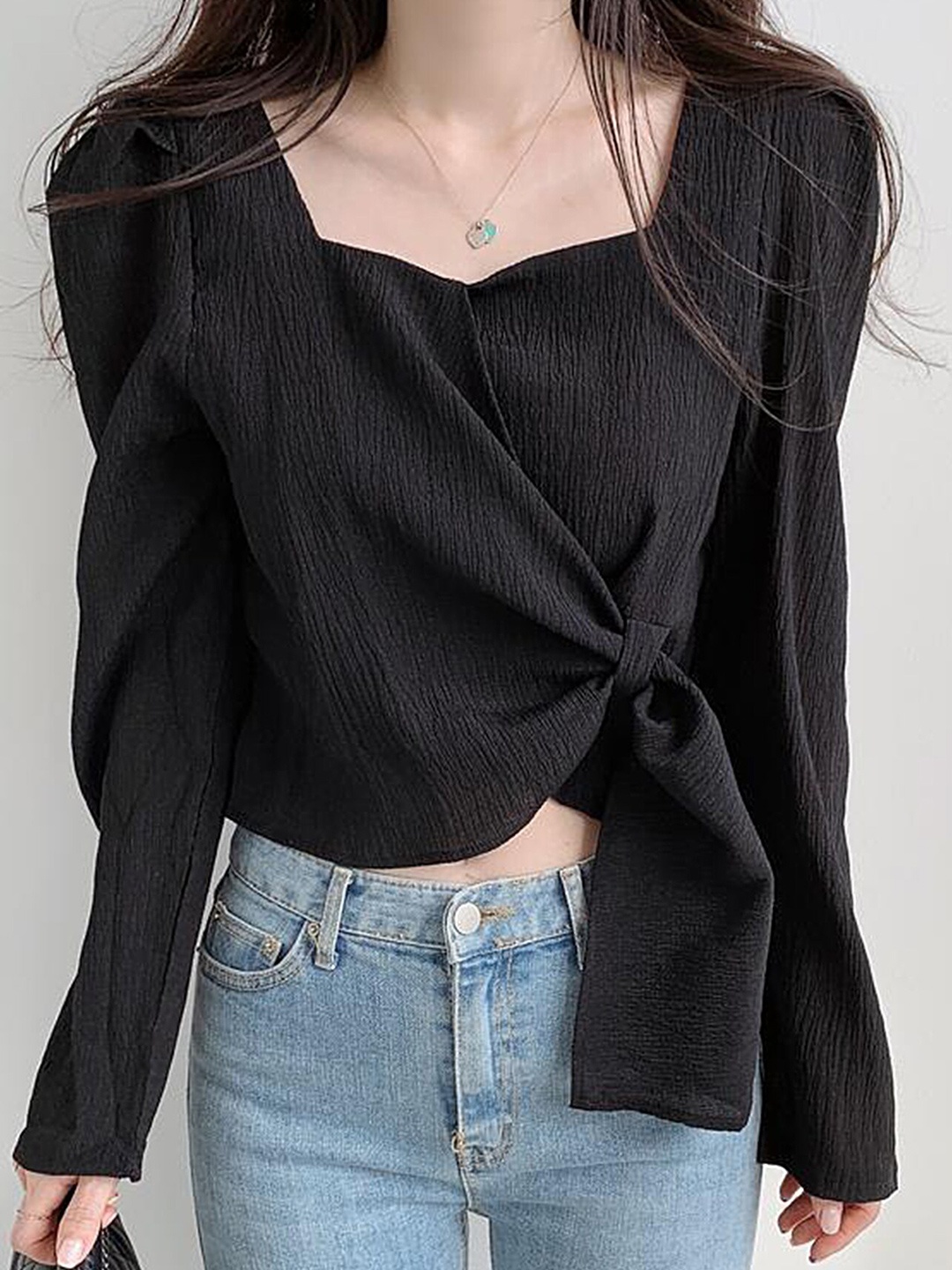 

LULU & SKY Sweetheart Neck Wrap Top with Puff Sleeves, Black