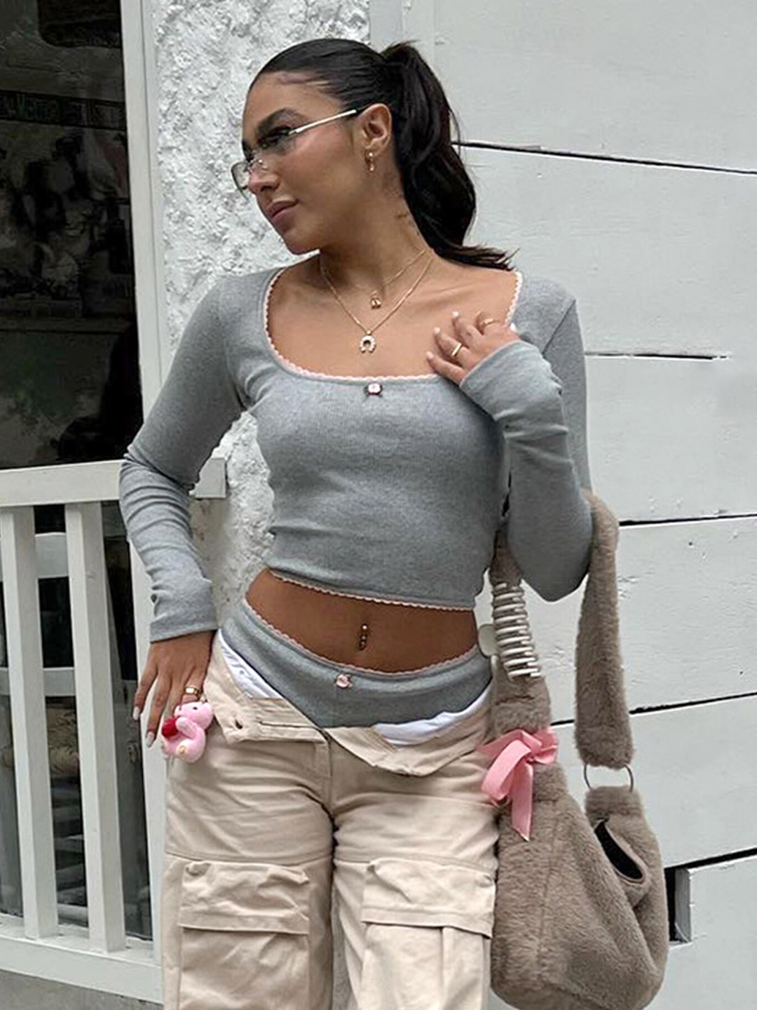 

LULU & SKY Scoop Neck Fitted Crop Top, Grey