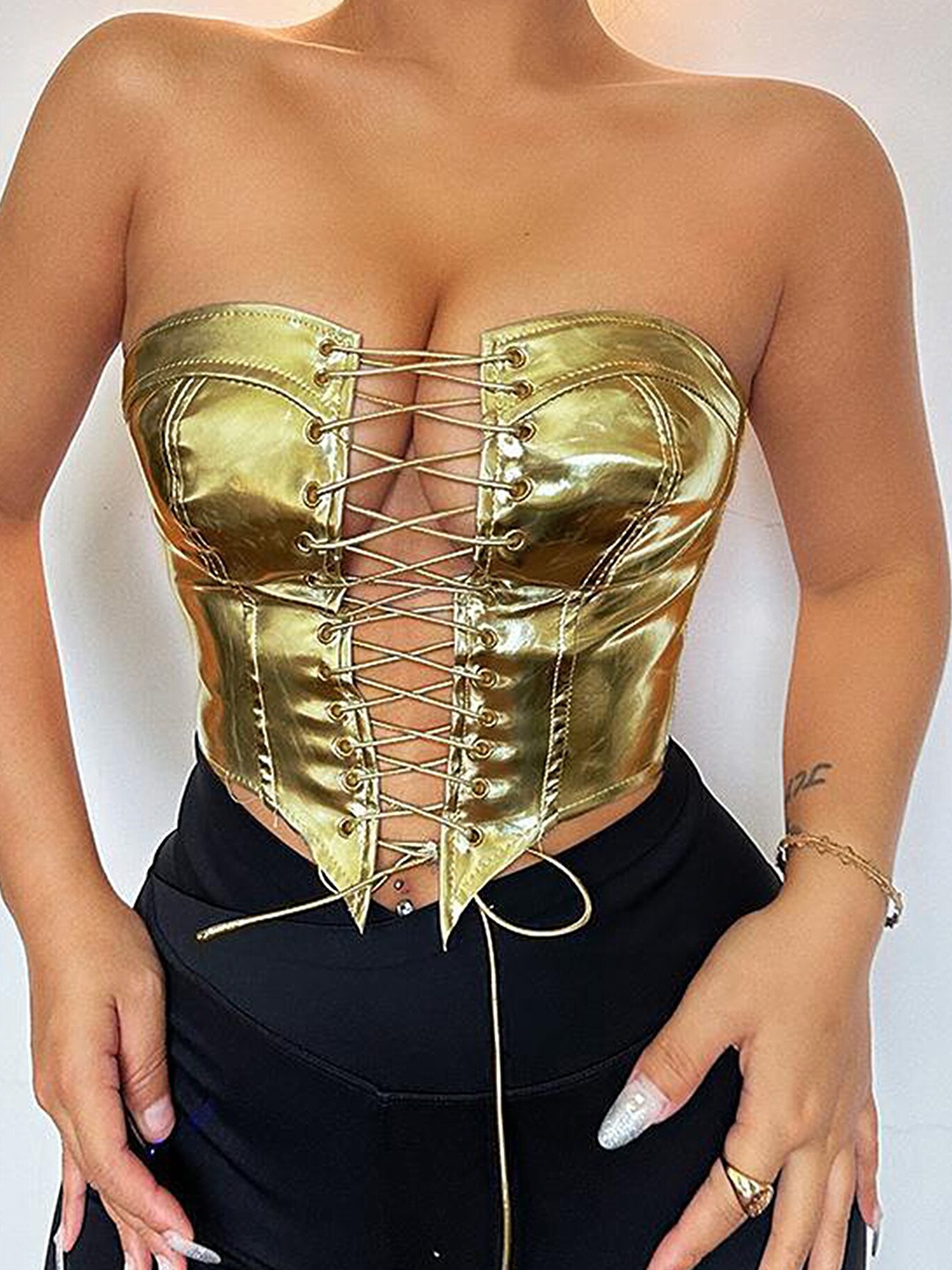 

LULU & SKY Off-Shoulder Tie-Up Corset Crop Top, Gold