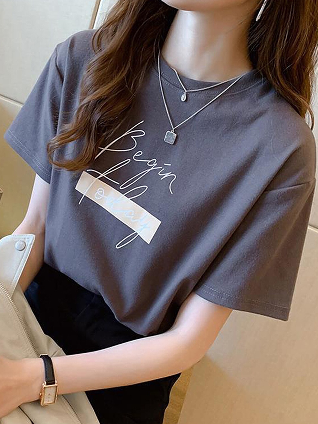 

LULU & SKY Typography Printed Drop-Shoulder Sleeves Relaxed Fit T-shirt, Grey