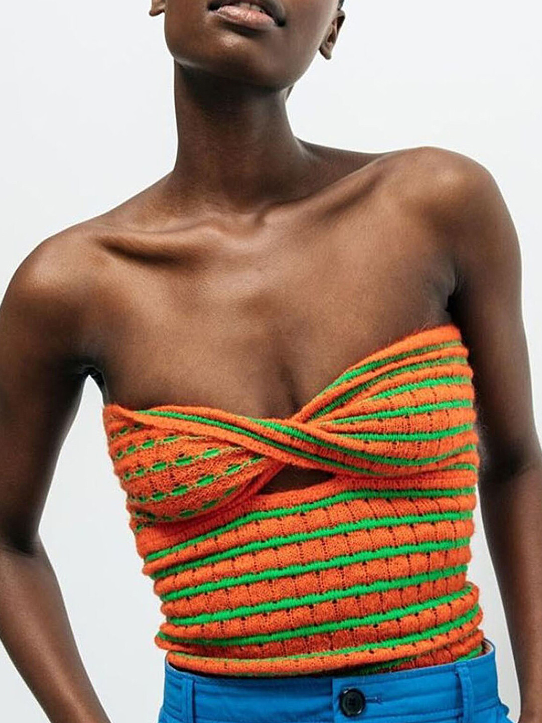 

LULU & SKY Horizontal Striped Strapless Twisted Detail Tube Top, Orange