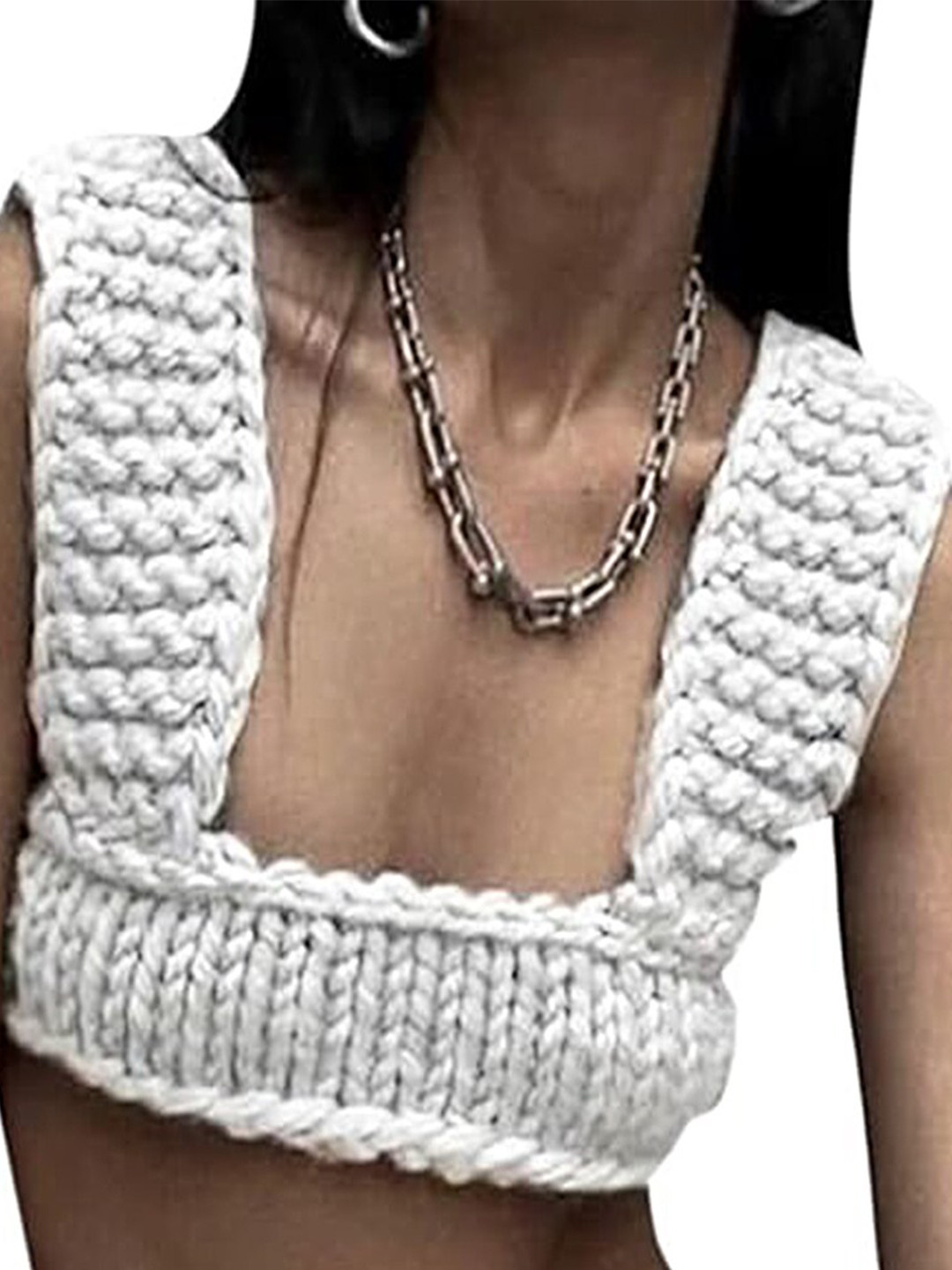 

LULU & SKY Self Design Square Neck Fitted Crop Top, White