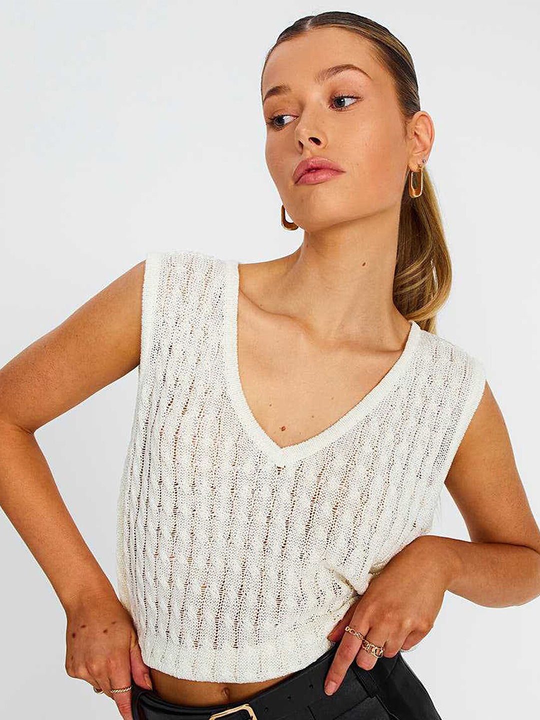

LULU & SKY Self Design V-Neck Sleeveless Crochet Top, White