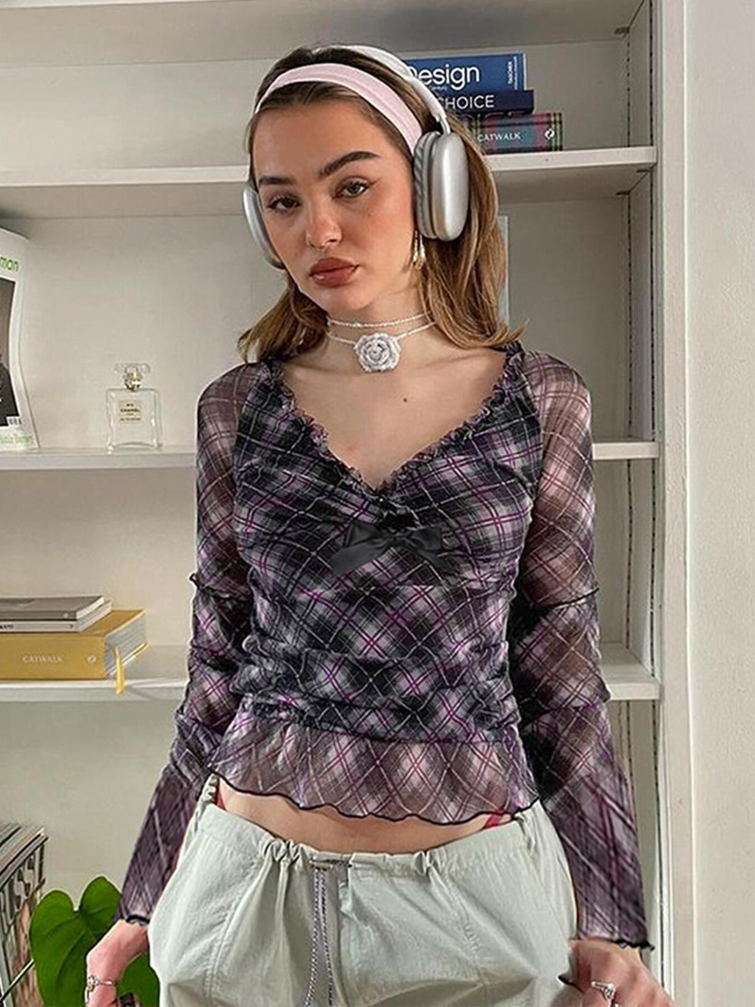 

LULU & SKY Checked Crop Top, Black