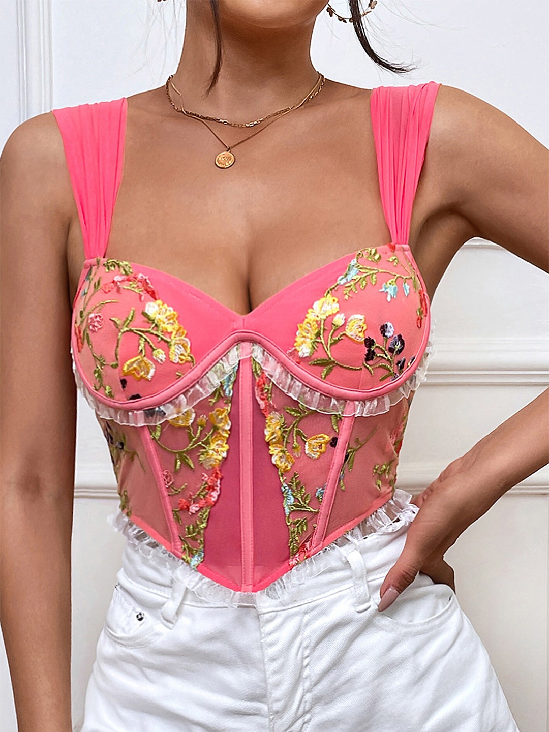 

LULU & SKY Floral Embroidered Fitted Crop Top, Pink