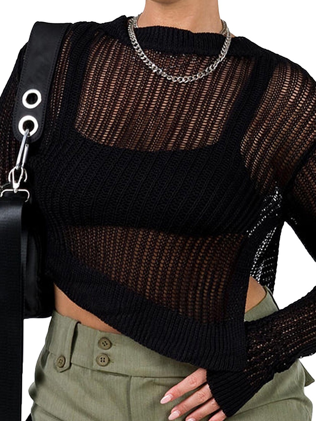 

LULU & SKY Self Design Sheer Long Sleeves Crop Top, Black