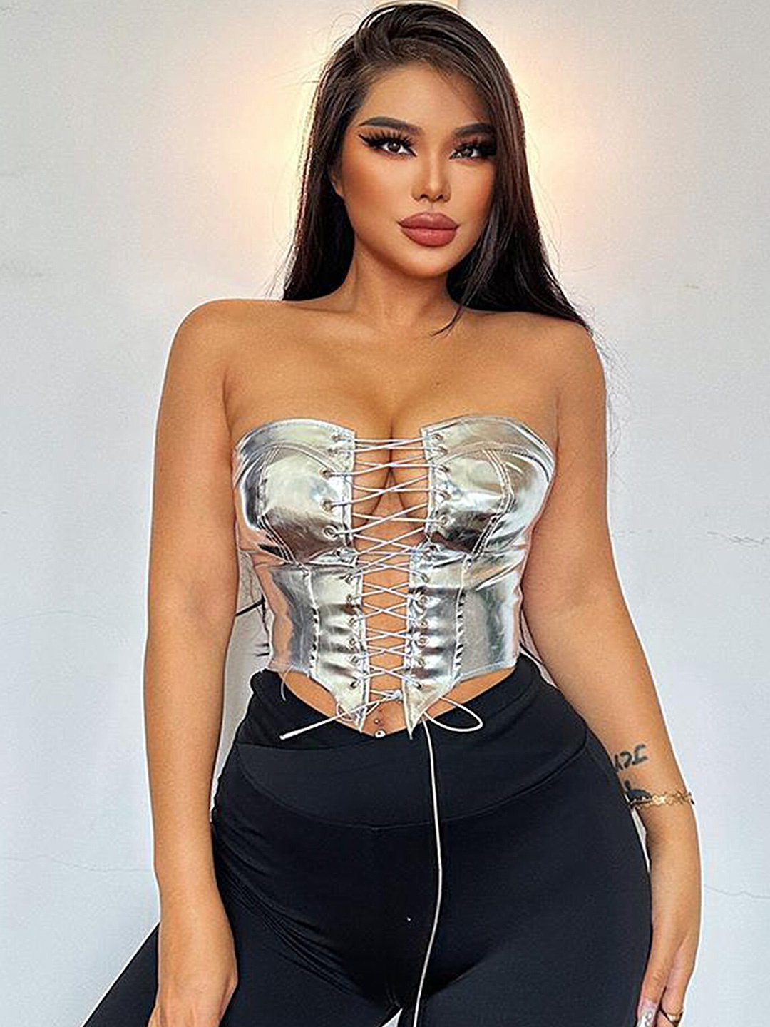 

LULU & SKY Strapless Corset Crop Top, Silver