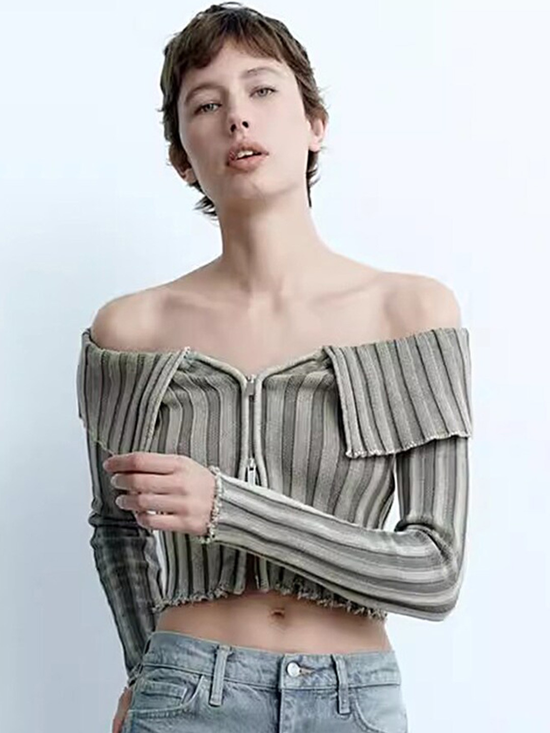 

LULU & SKY Grey Striped Off-Shoulder Long Sleeve Bardot Crop Top